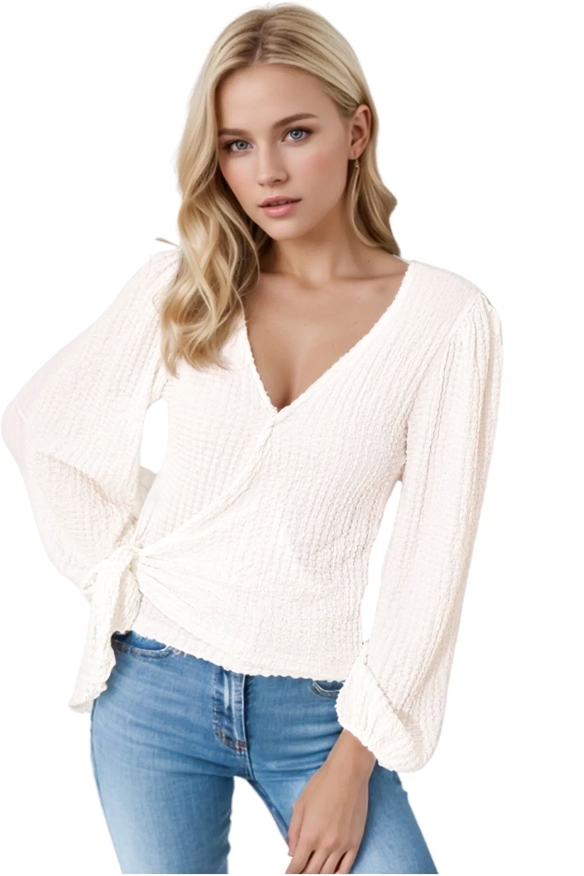 Faith Women's Belted Wrap Neck Knit Blouse - White
