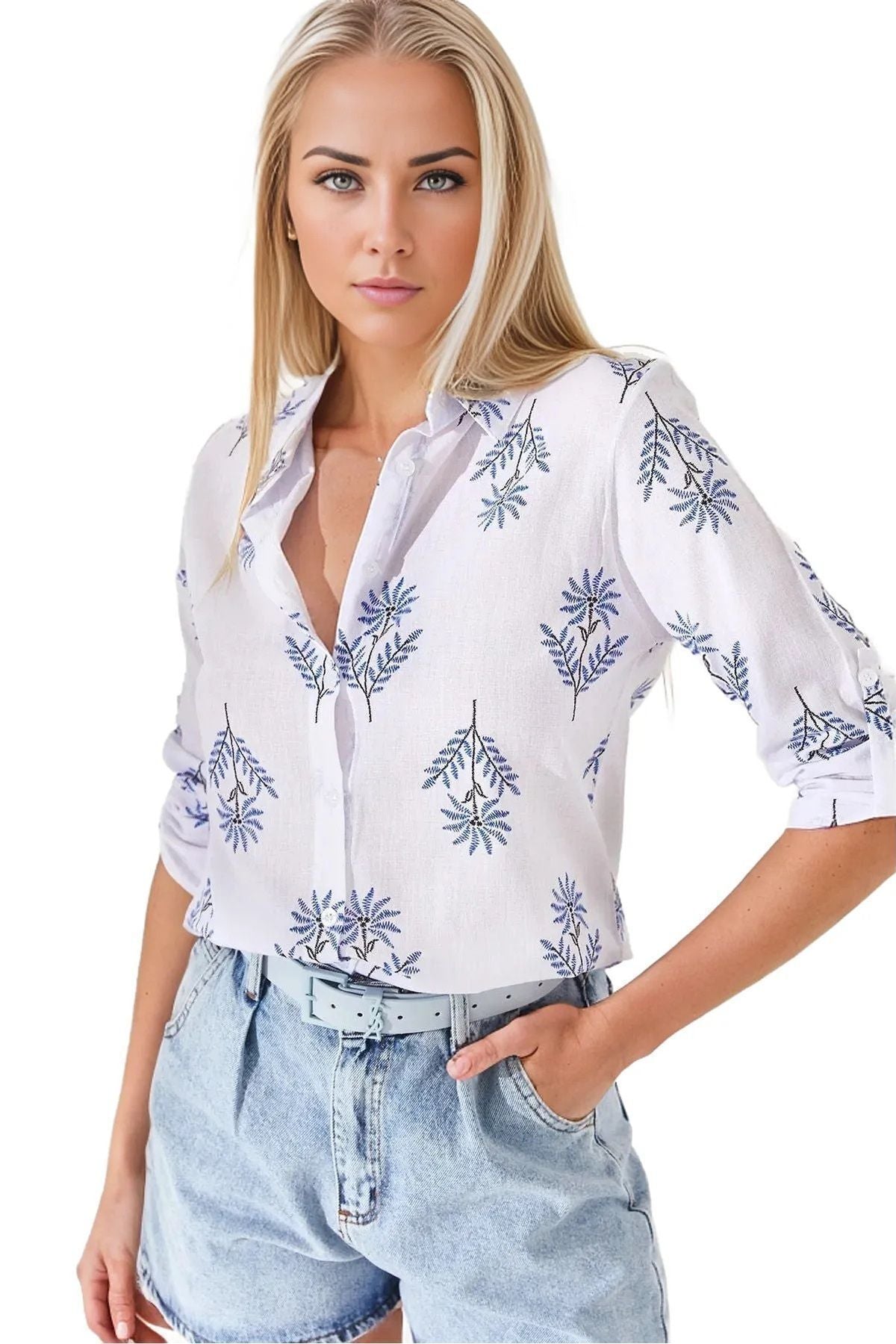 Robyn Women's Cotton Blend Roll-Sleeve Button-Up Shirt - Blue Pinwheel