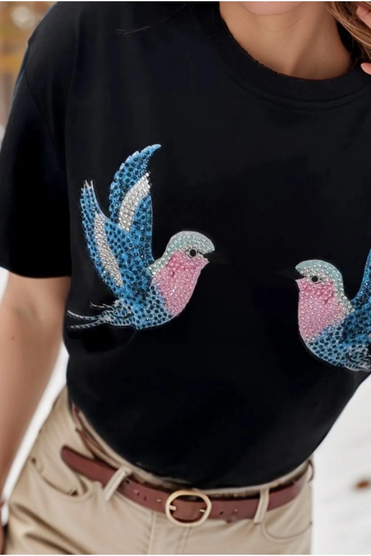 Tilly Black Bird Design Sequin Cotton T-Shirt