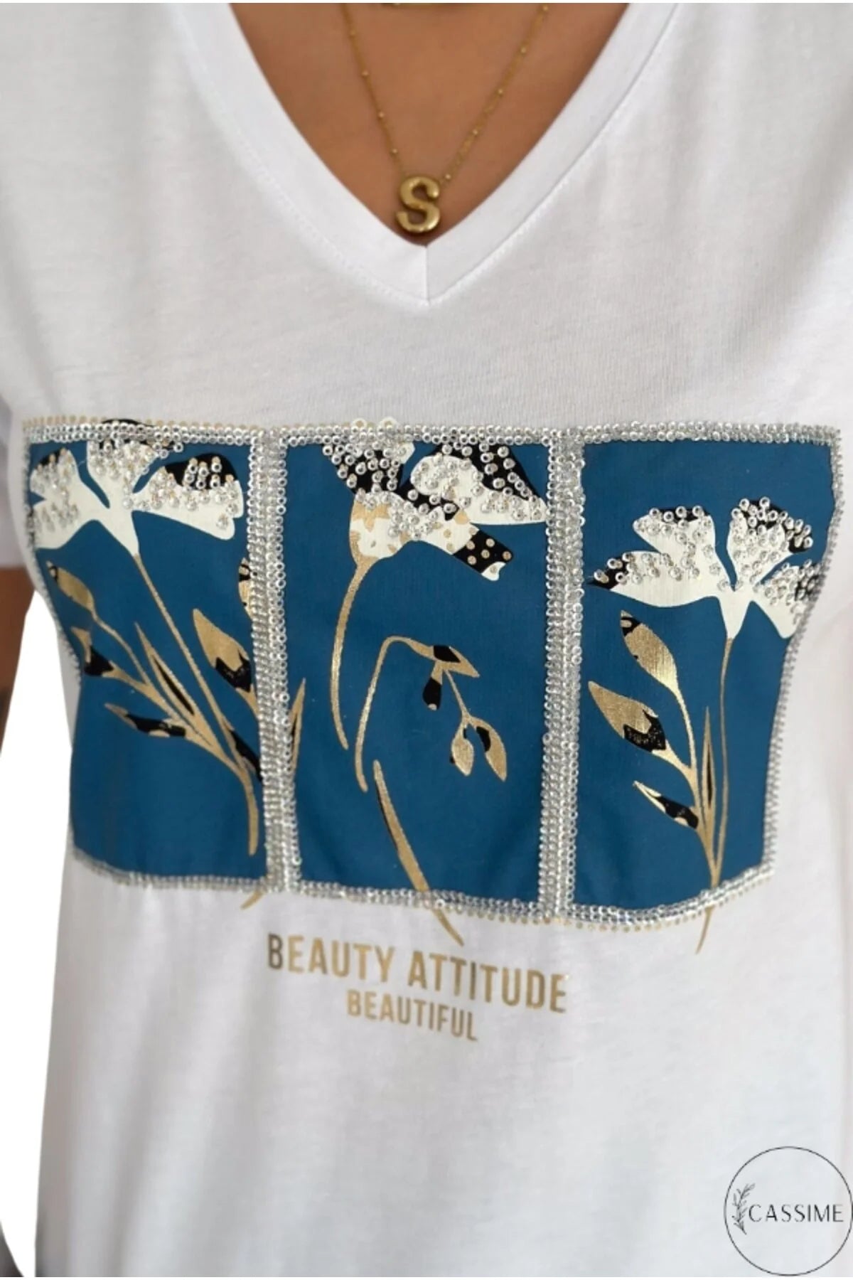 Tilda White Blue Floral Sequin Cotton T-Shirt
