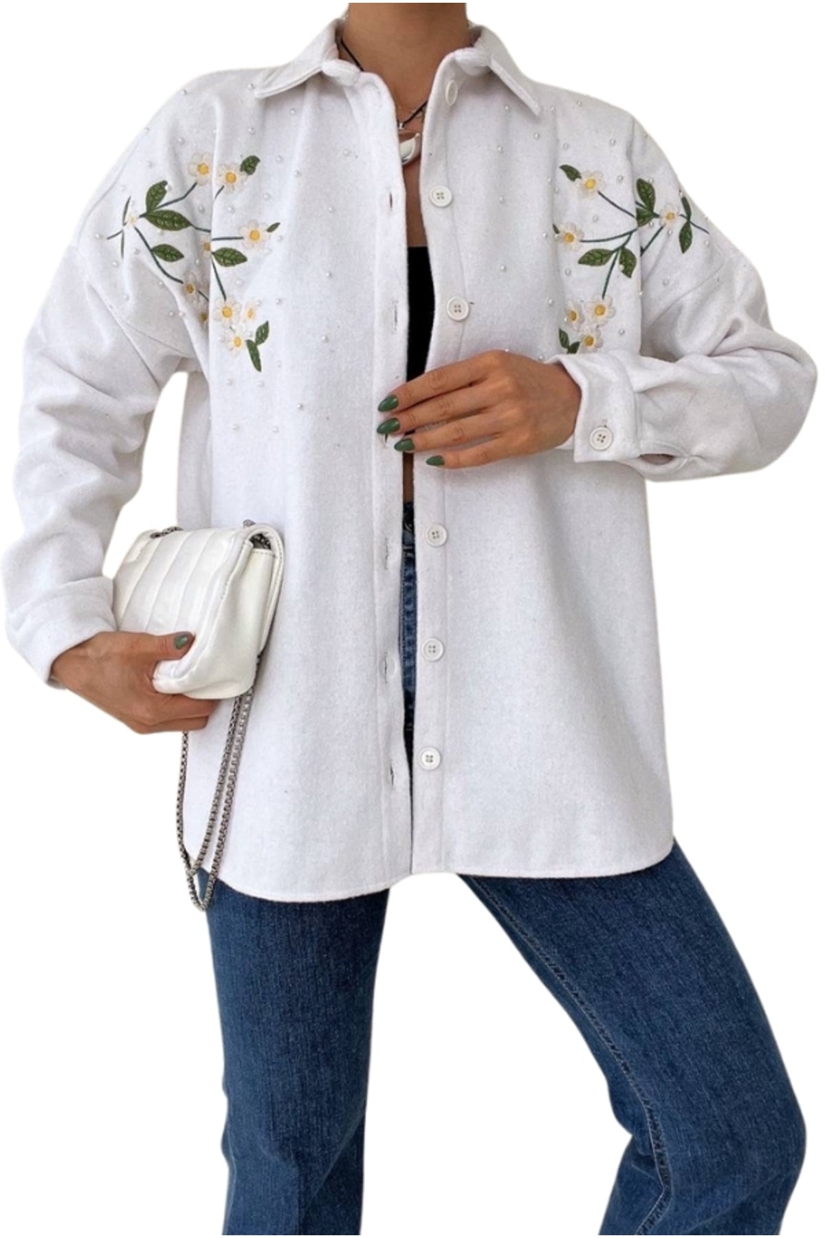 Lydia Women's Wool Daisy Embroidered Shacket - White