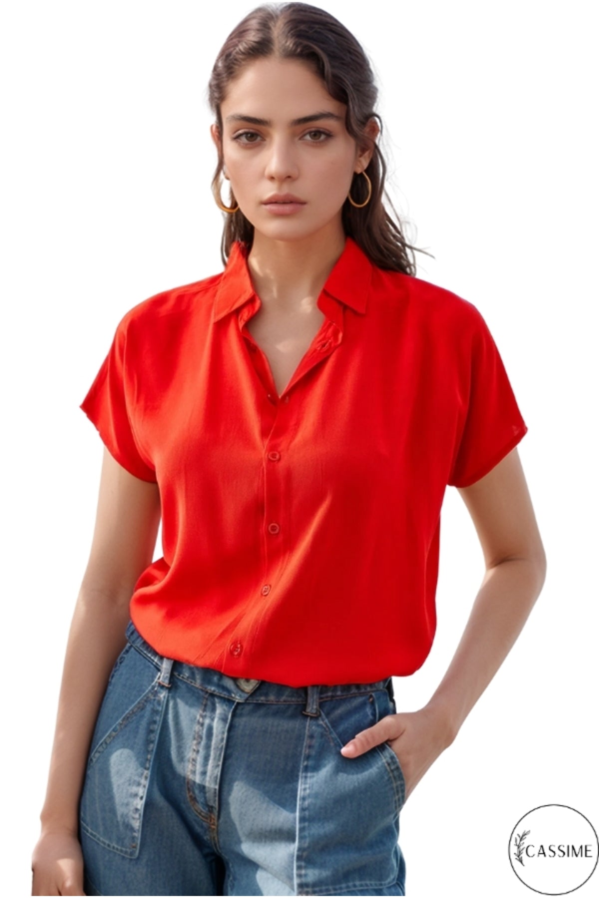 Esme Women's Short Sleeve Batwing Shirt - Solid Red