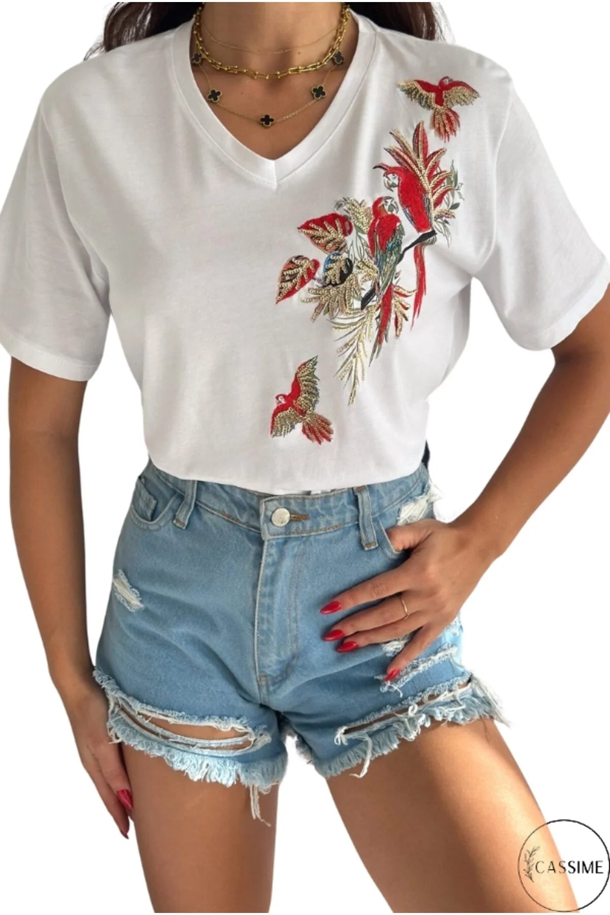 Tilda White Parrot Floral Design Cotton T-Shirt