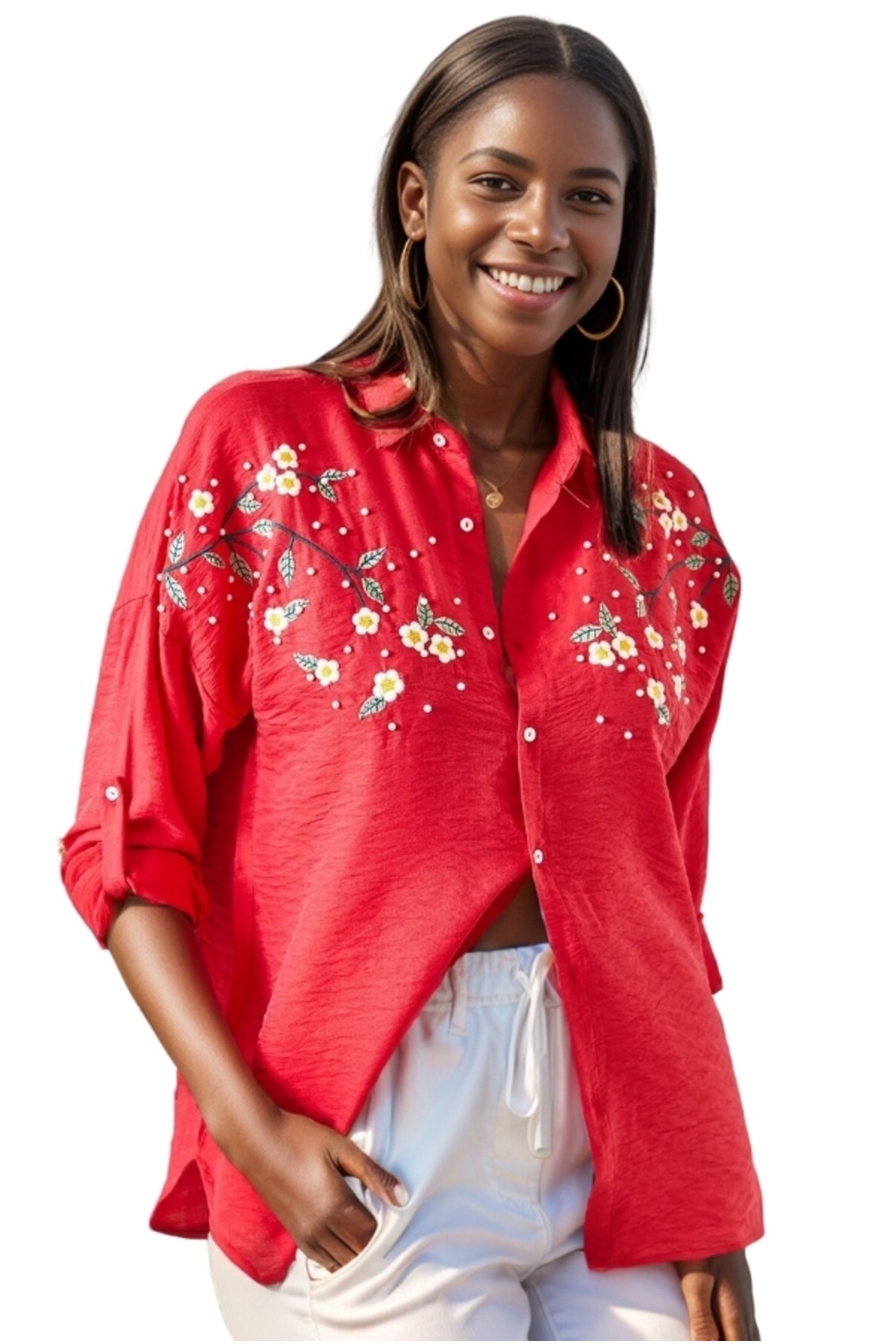 Nell Women's Daisy Embroidered Oversized Shirt - Red