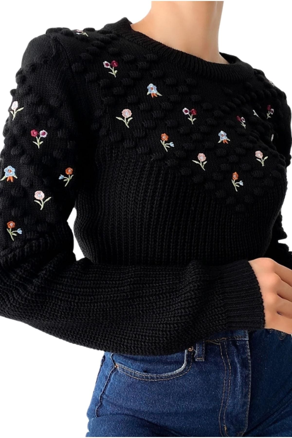 Allison Women's Floral Embroidered Knit Sweater - Black