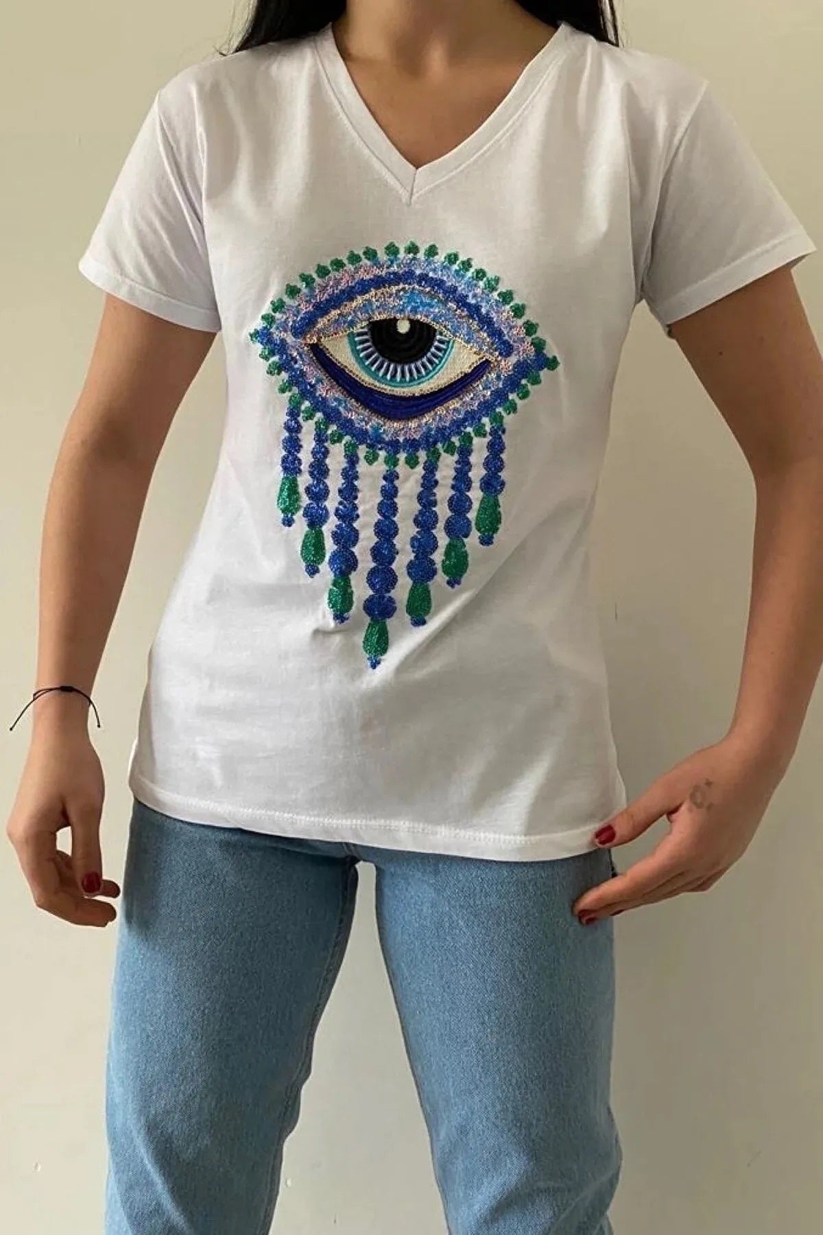 Olivia Women's Cotton Plus Size Embellished V-Neck T-Shirt - White with Blue Evil Eye Sequins