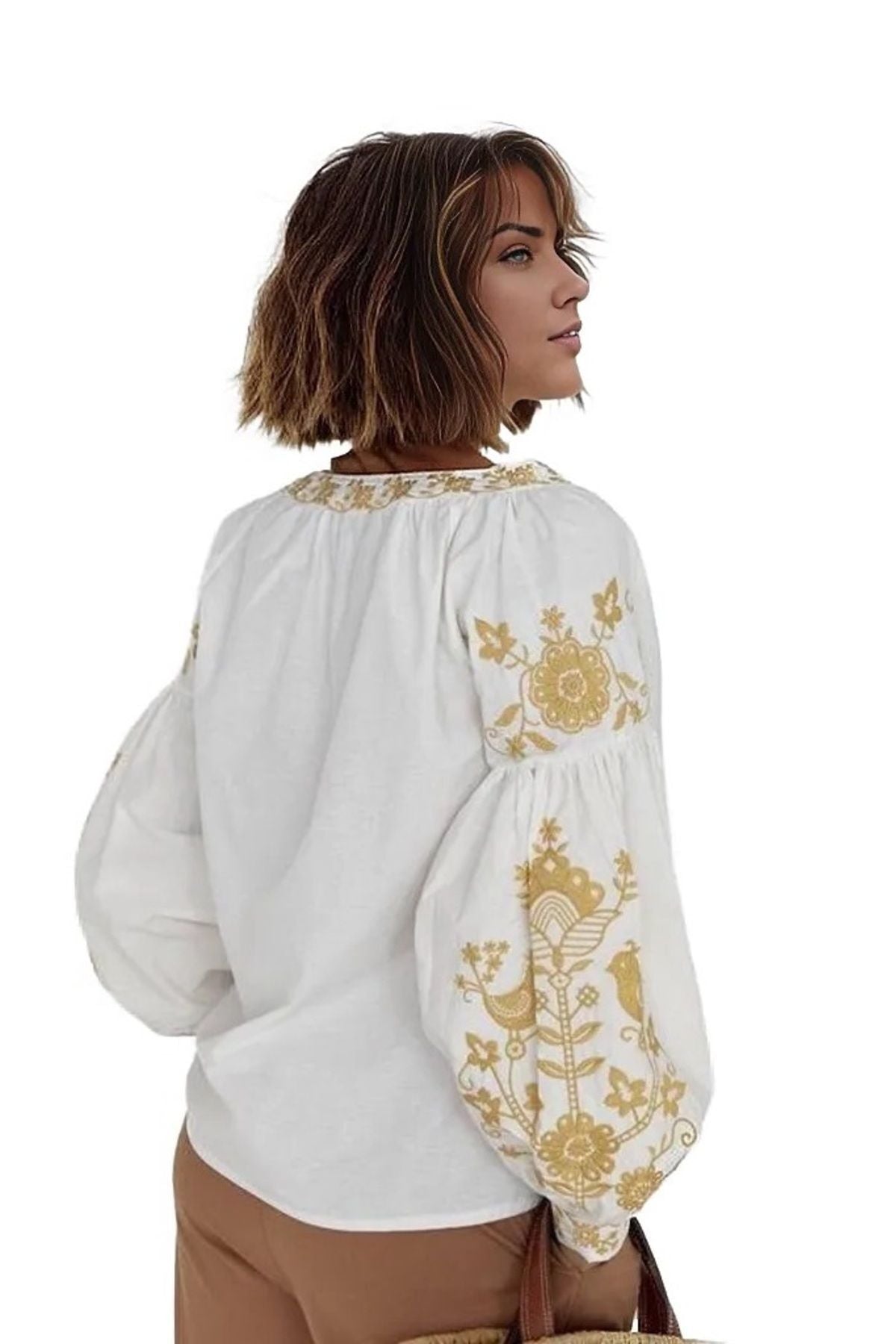 Autumn Women's Bird and Floral Embroidered Tassel Blouse - White
