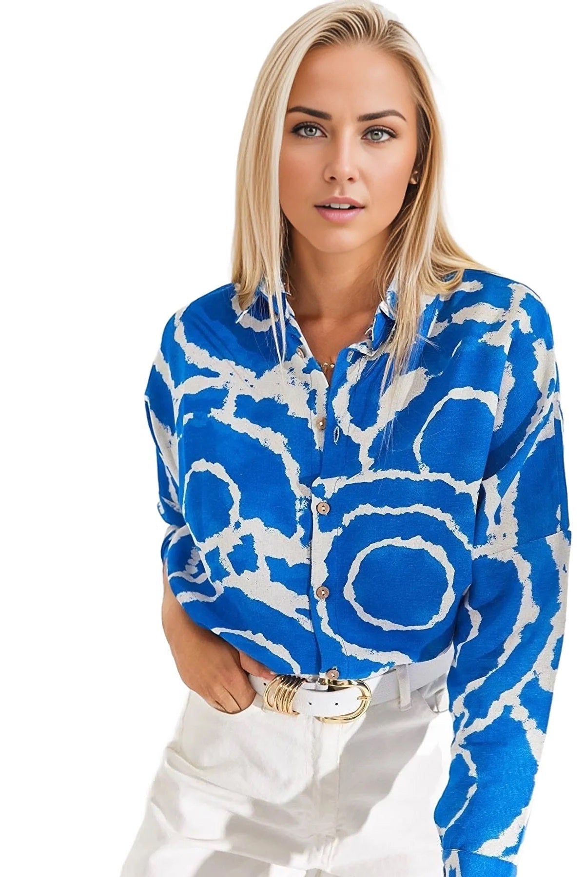 Emilia Women's Linen-Viscose Blend Oversized Printed Shirt - Blue Ring Pattern