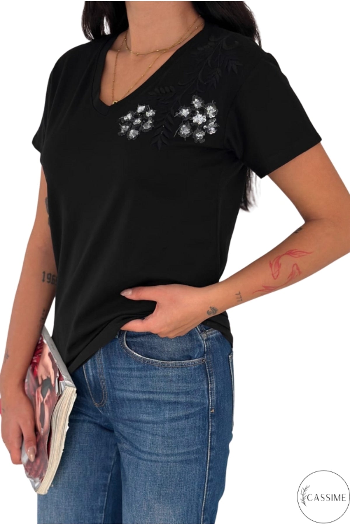 Olivia Women's Cotton Plus Size Embellished V-Neck T-Shirt - Black with Shoulder Sequins