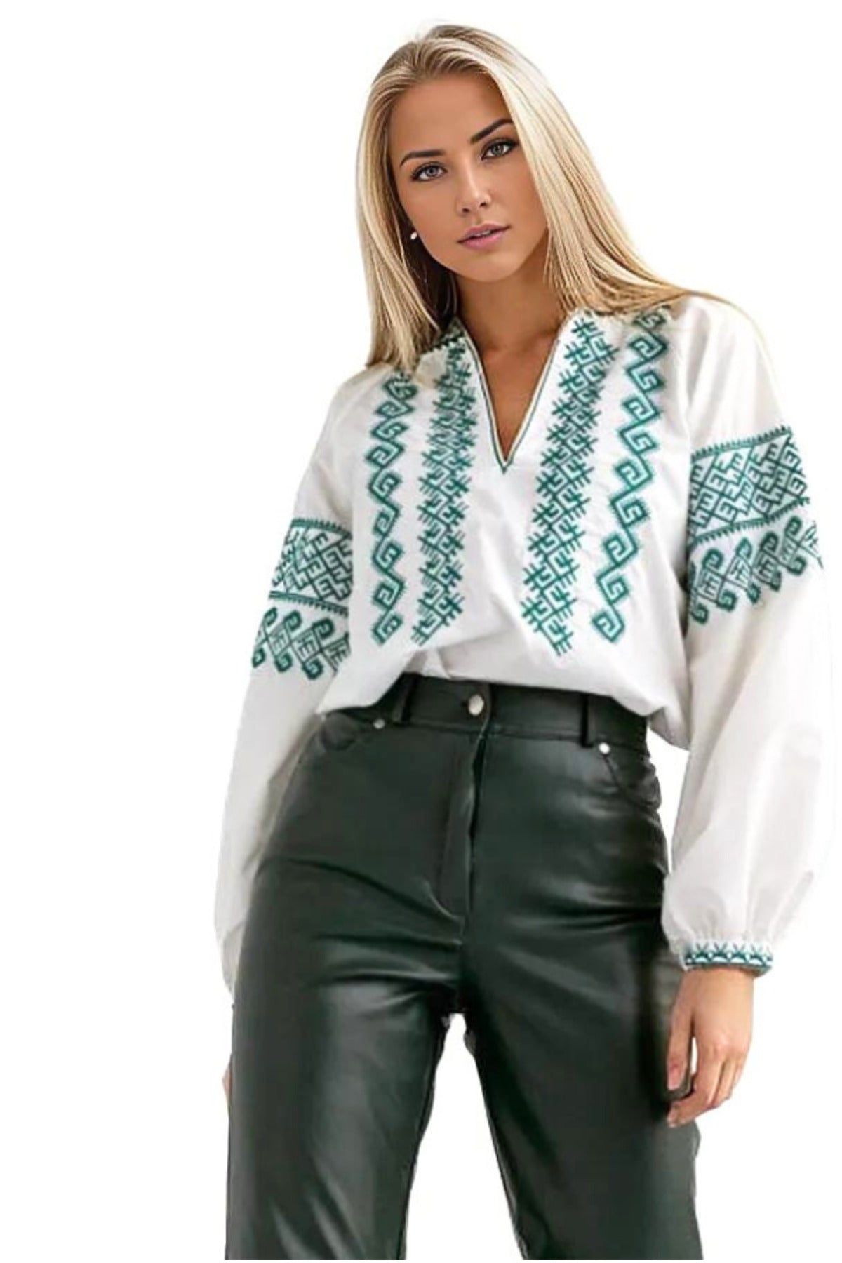 Zoe Women's Boho Embroidered Poplin Blouse - White with Green Embroidery