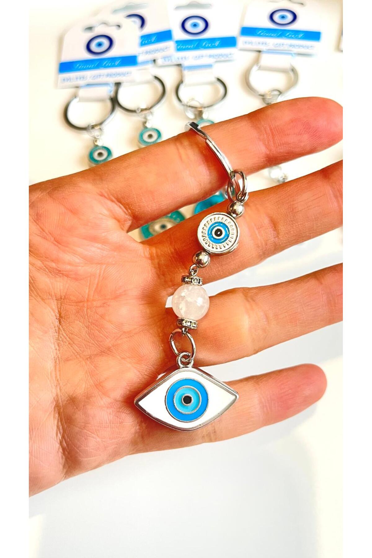 Abigail Silver-Plated Evil Eye Keychain - White Oval Evil Eye Metal