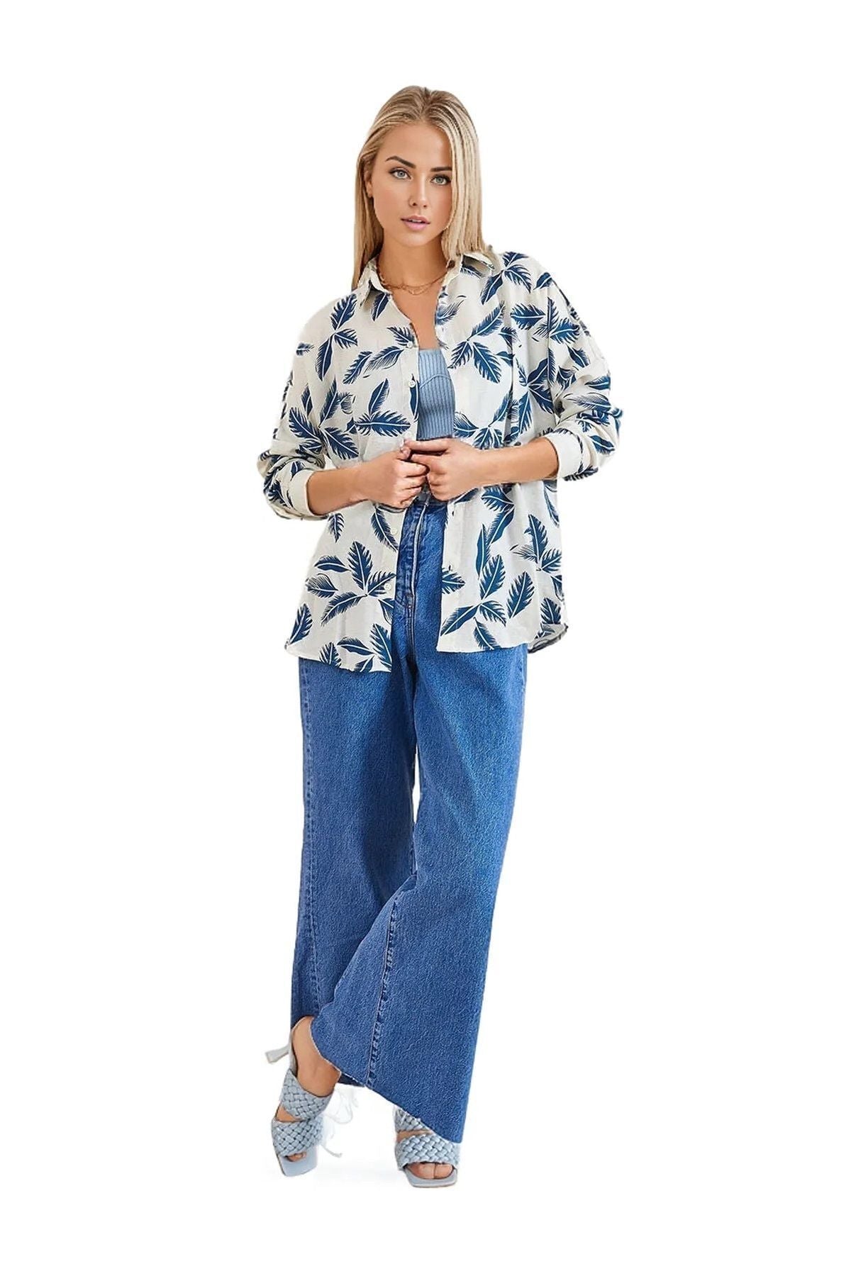 Amelia Women's Viscose Long Sleeve Button-Up Shirt - Blue Leaf Print