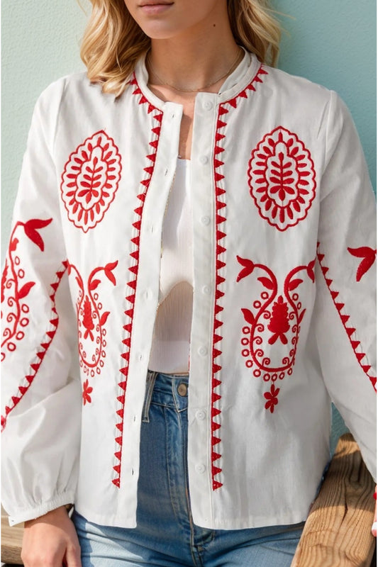 Nina Women's Cotton Embroidered Button-Up Shirt Jacket - Red Embroidered