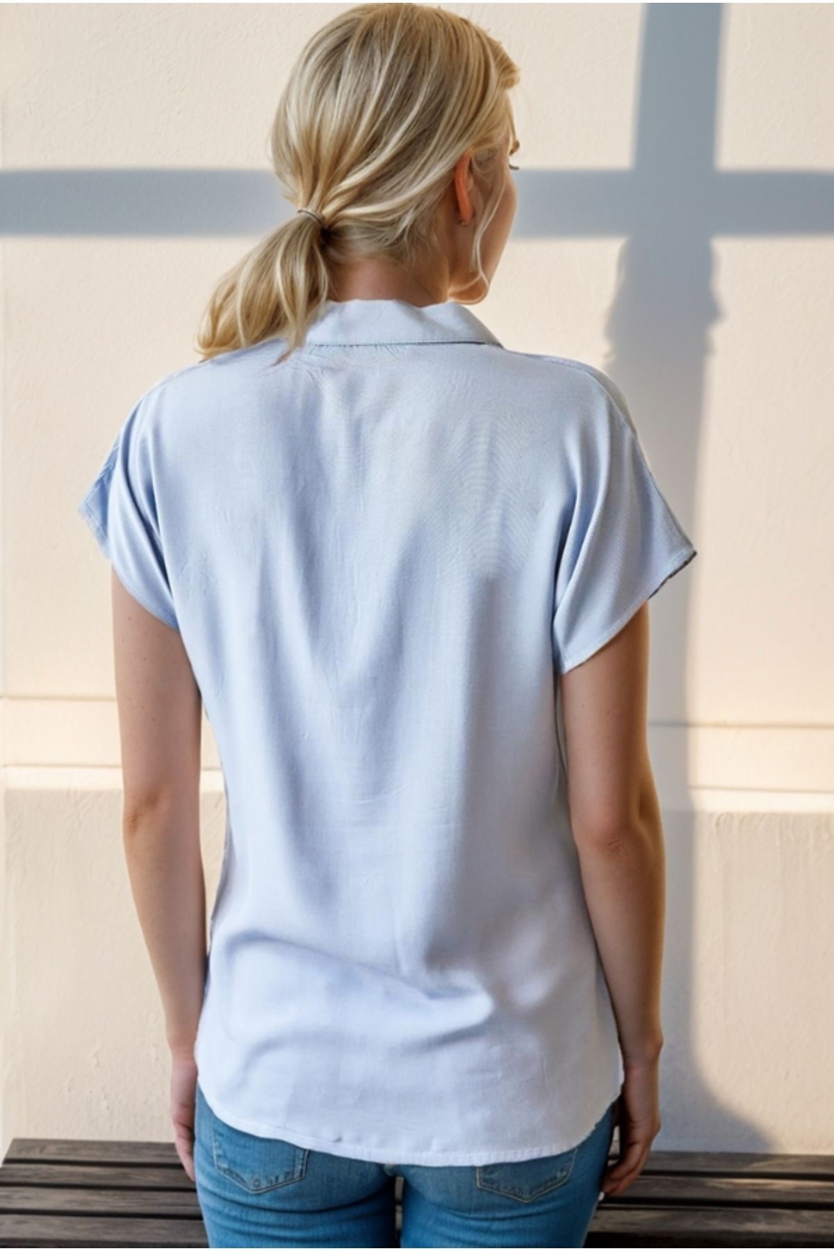 Esme Women's Viscose Short Sleeve Batwing Shirt - Light Blue