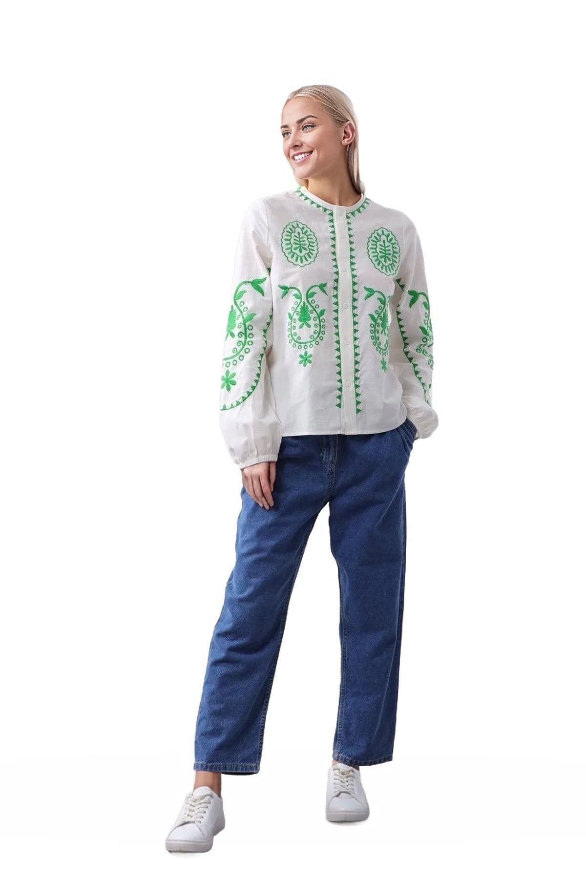 Nina Women's Cotton Embroidered Button-Up Shirt Jacket - White with Green Embroidery