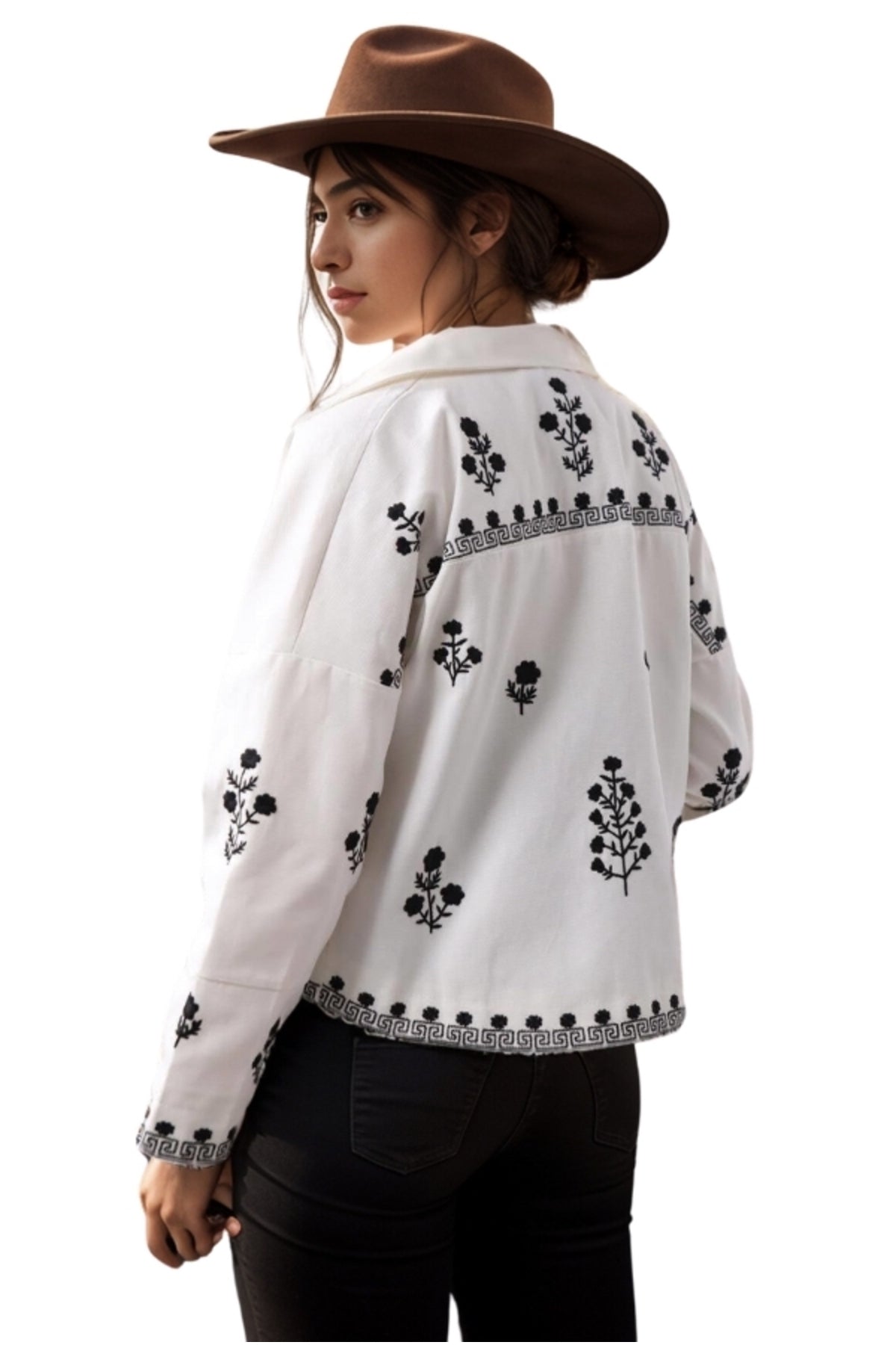 Louise Women's Embroidered Button-Up Jacket - White with Black Embroidery
