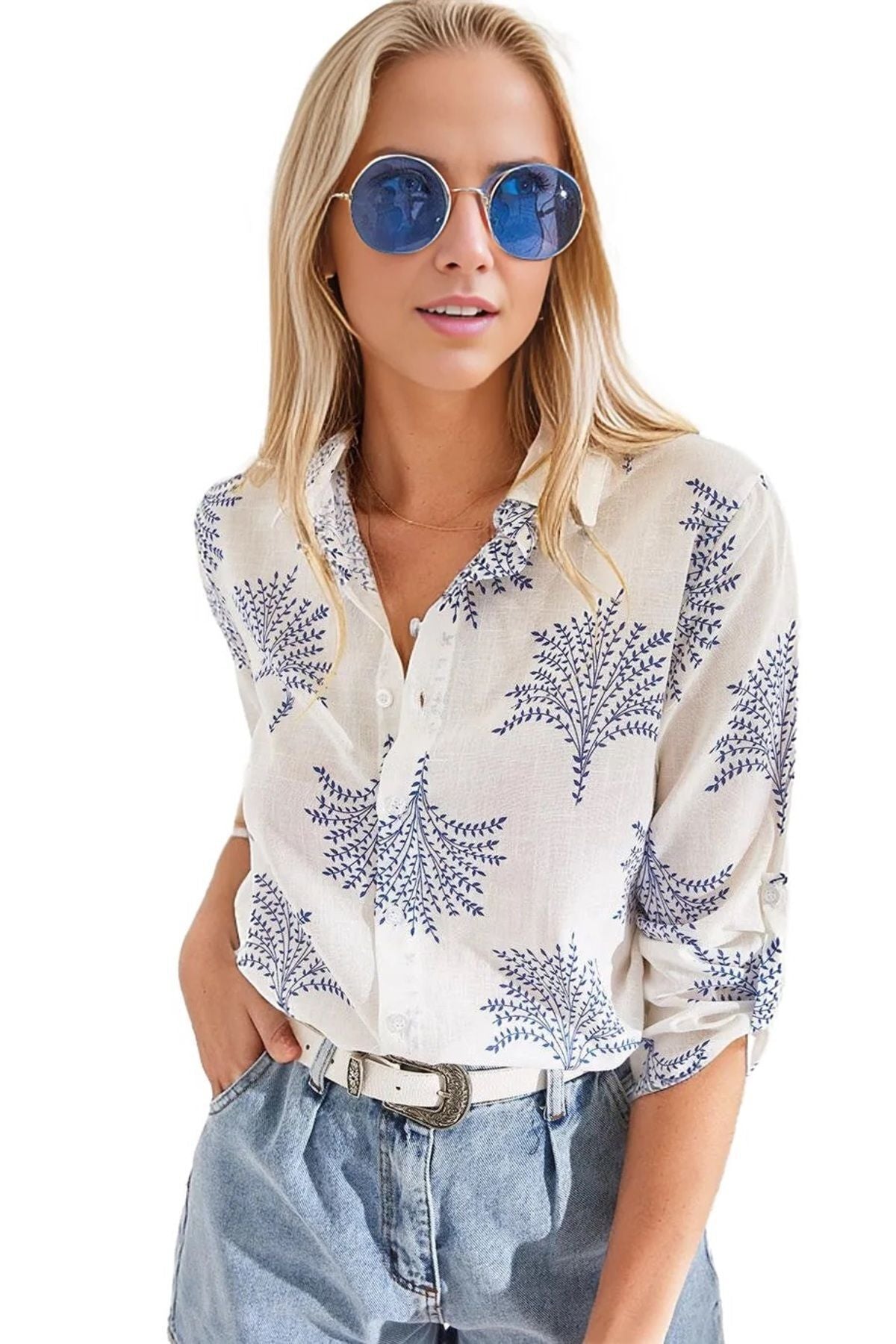 Robyn Women's Cotton Blend Roll-Sleeve Button-Up Shirt - Blue Fan
