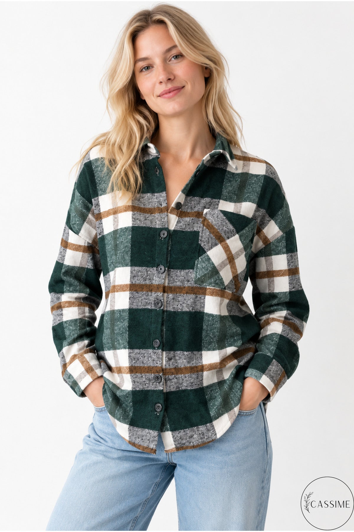Eleanor Women's Plaid Shacket - Khaki and Brown Striped