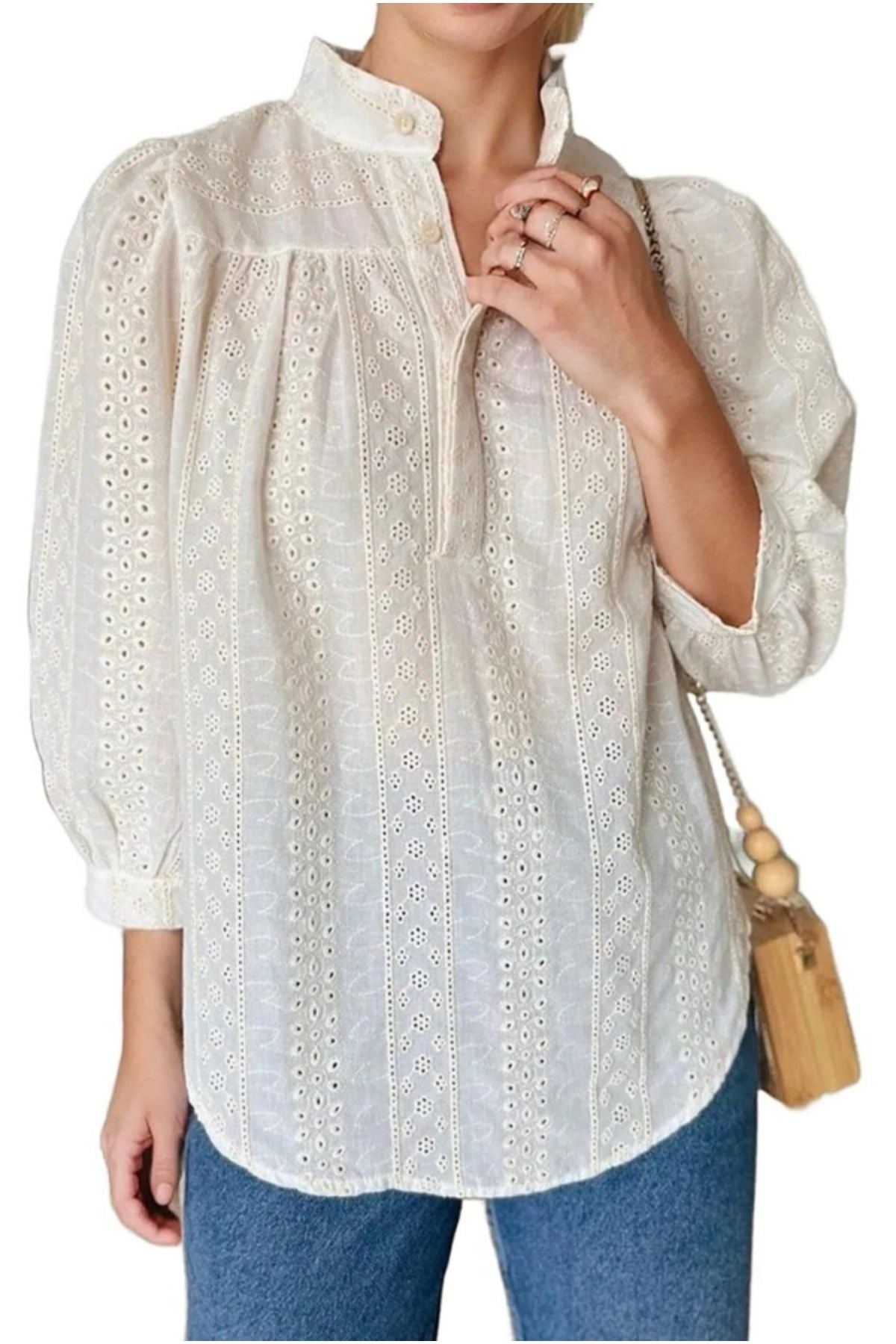 Ariel Women's Broderie Anglaise Button-Up Blouse - Cream