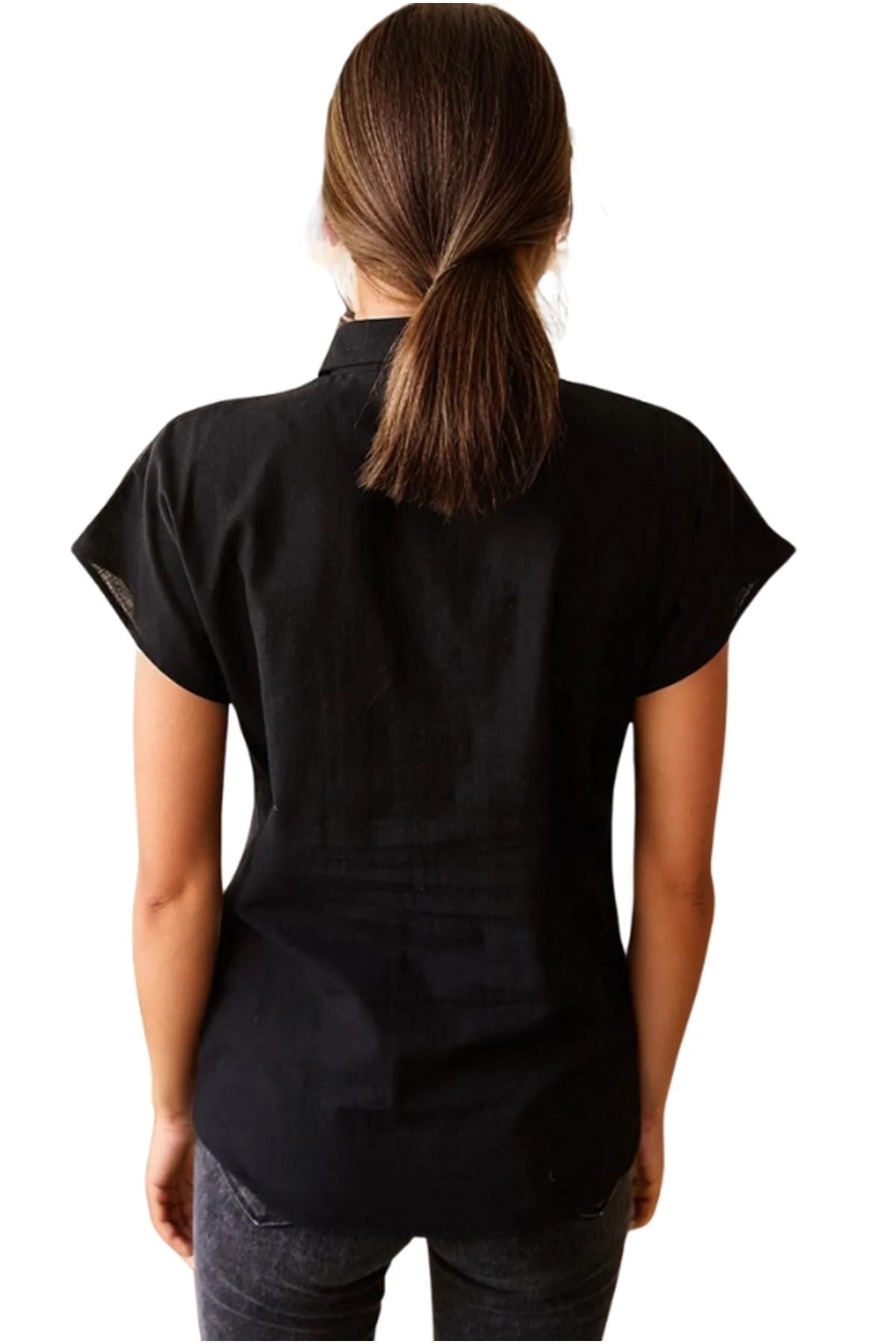 Elizabeth Women's Linen-Viscose Blend Short Sleeve Batwing Shirt - Black