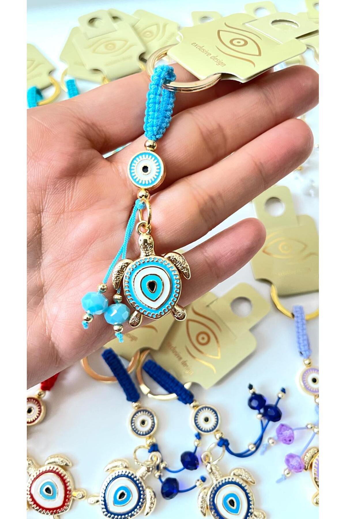 Ivy Gold-Plated Evil Eye Keychain - Light Blue Turtle Design