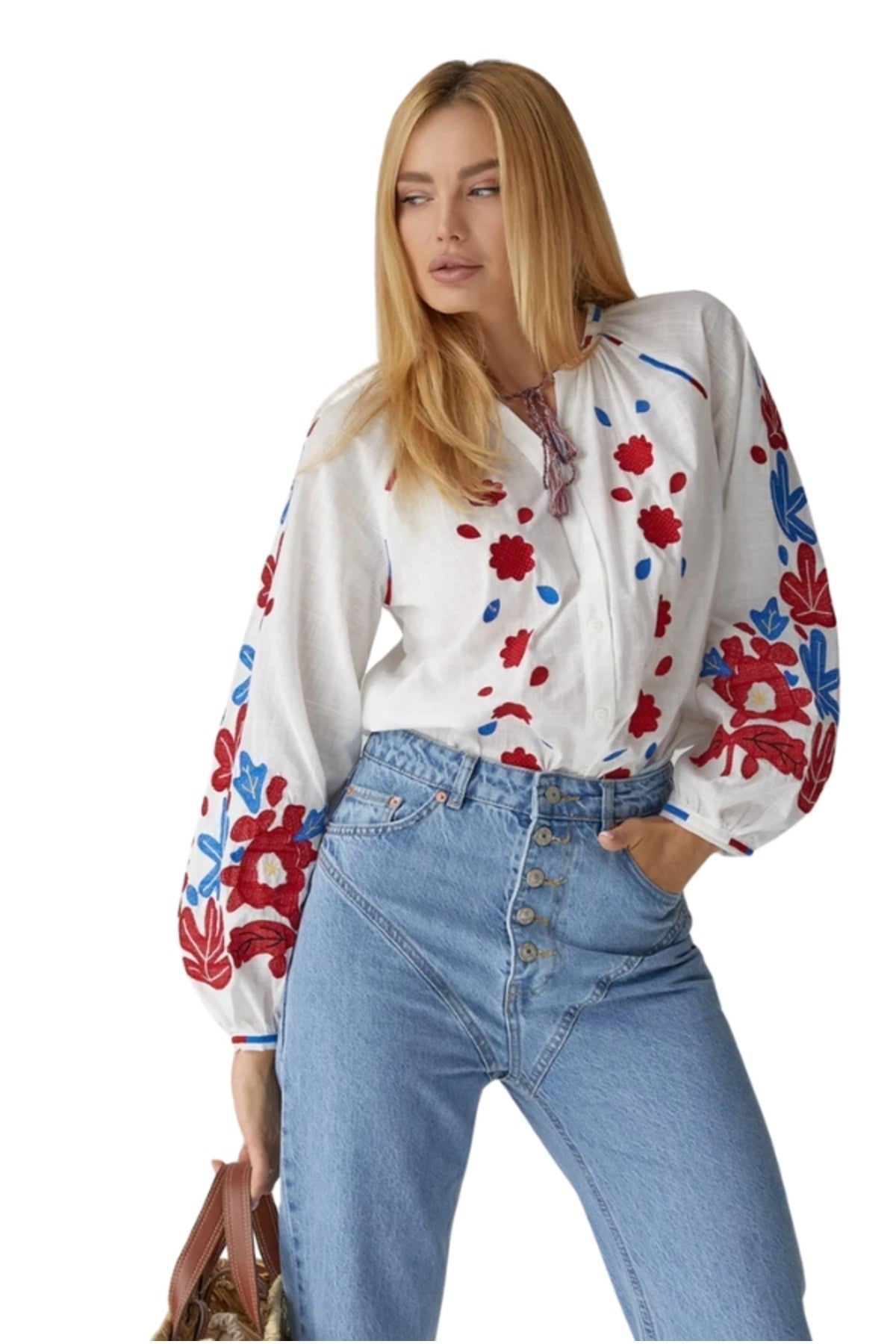 Sylvia Women's Cotton Floral Embroidered Blouse - White with Red and Blue Floral Embroidery