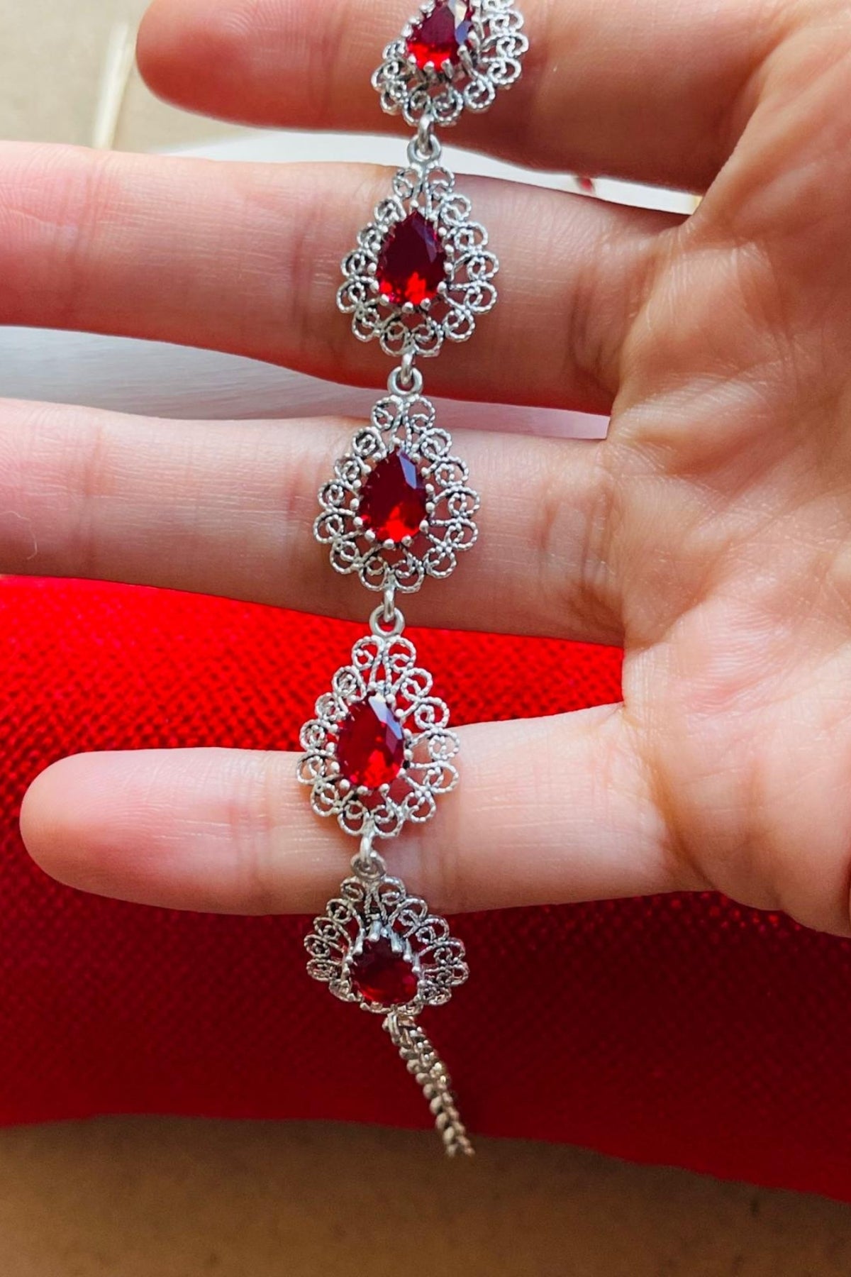 Brooke Seven-Stone Filigree Silver Bracelet - Red Ruby