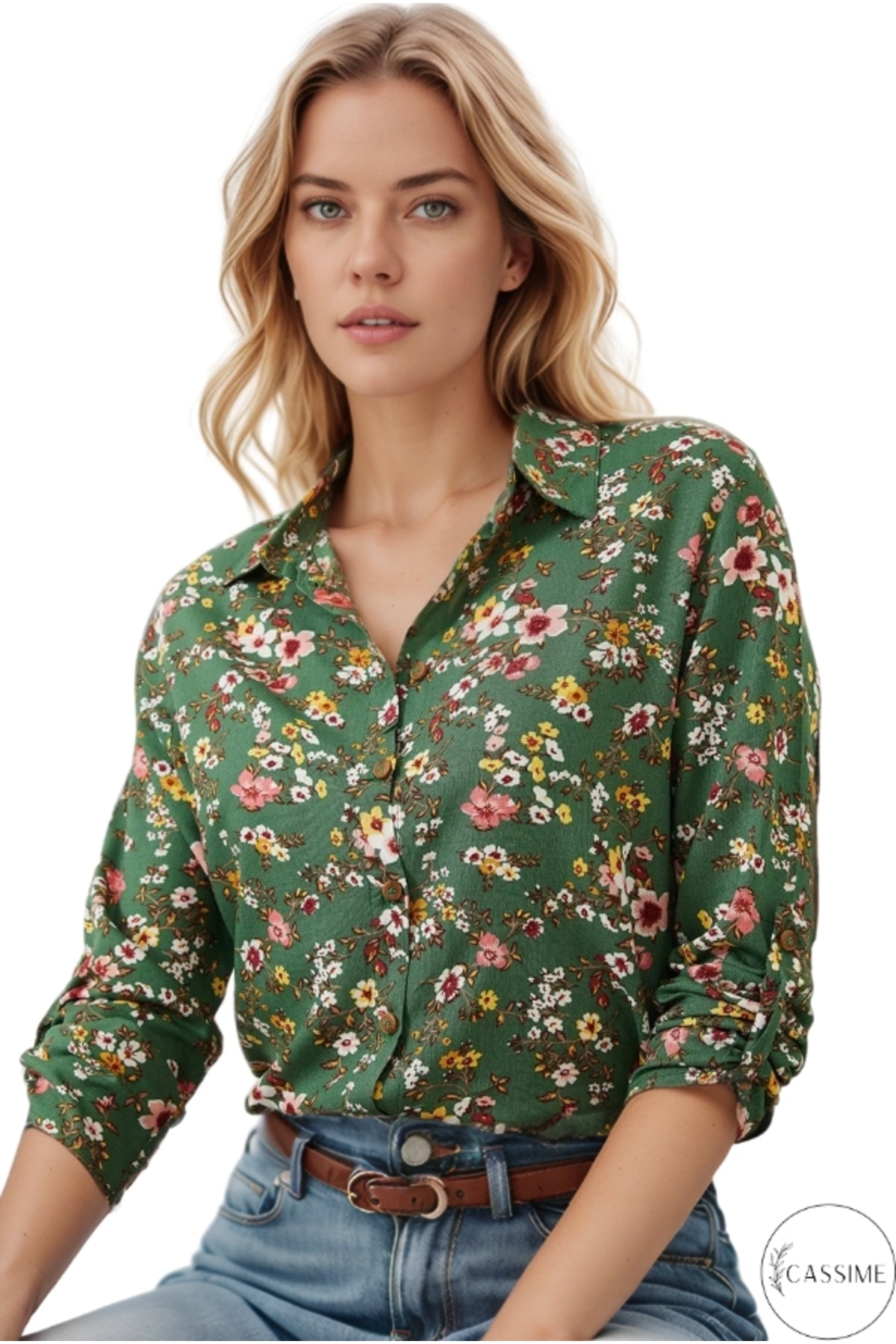 Amelia Women's Viscose Long Sleeve Button-Up Shirt - Green and Khaki