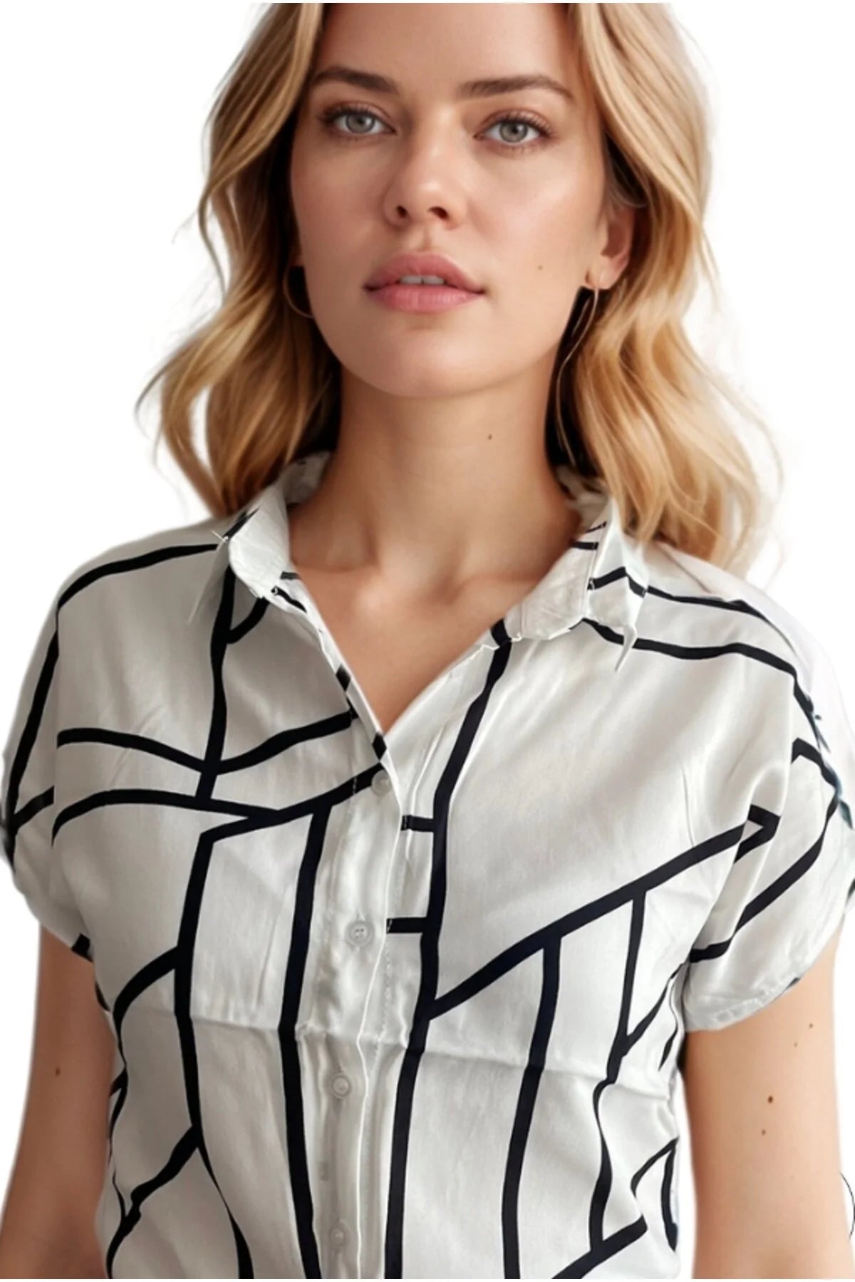 Beverly Striped White Black Print Short Sleeve Button-Down Shirt