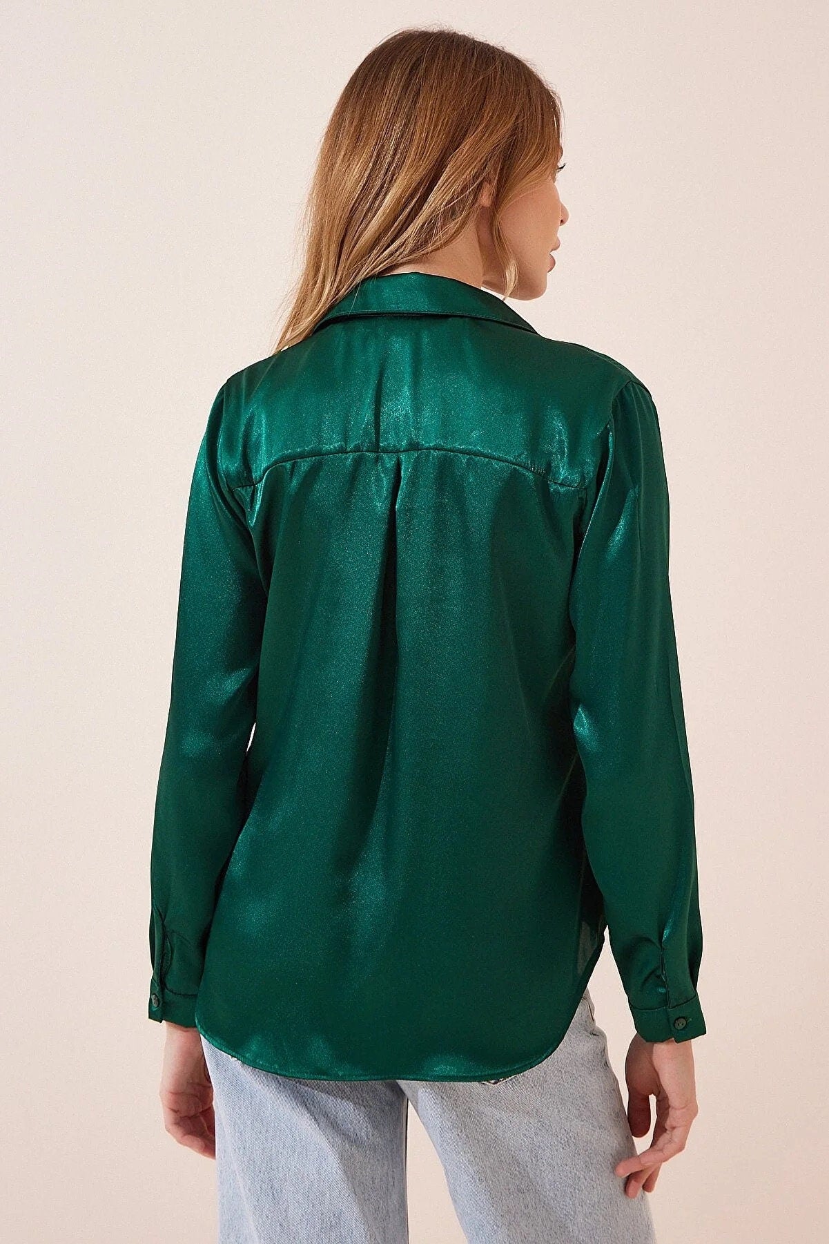Belinda Emerald Green Satin Button-Down Shirt