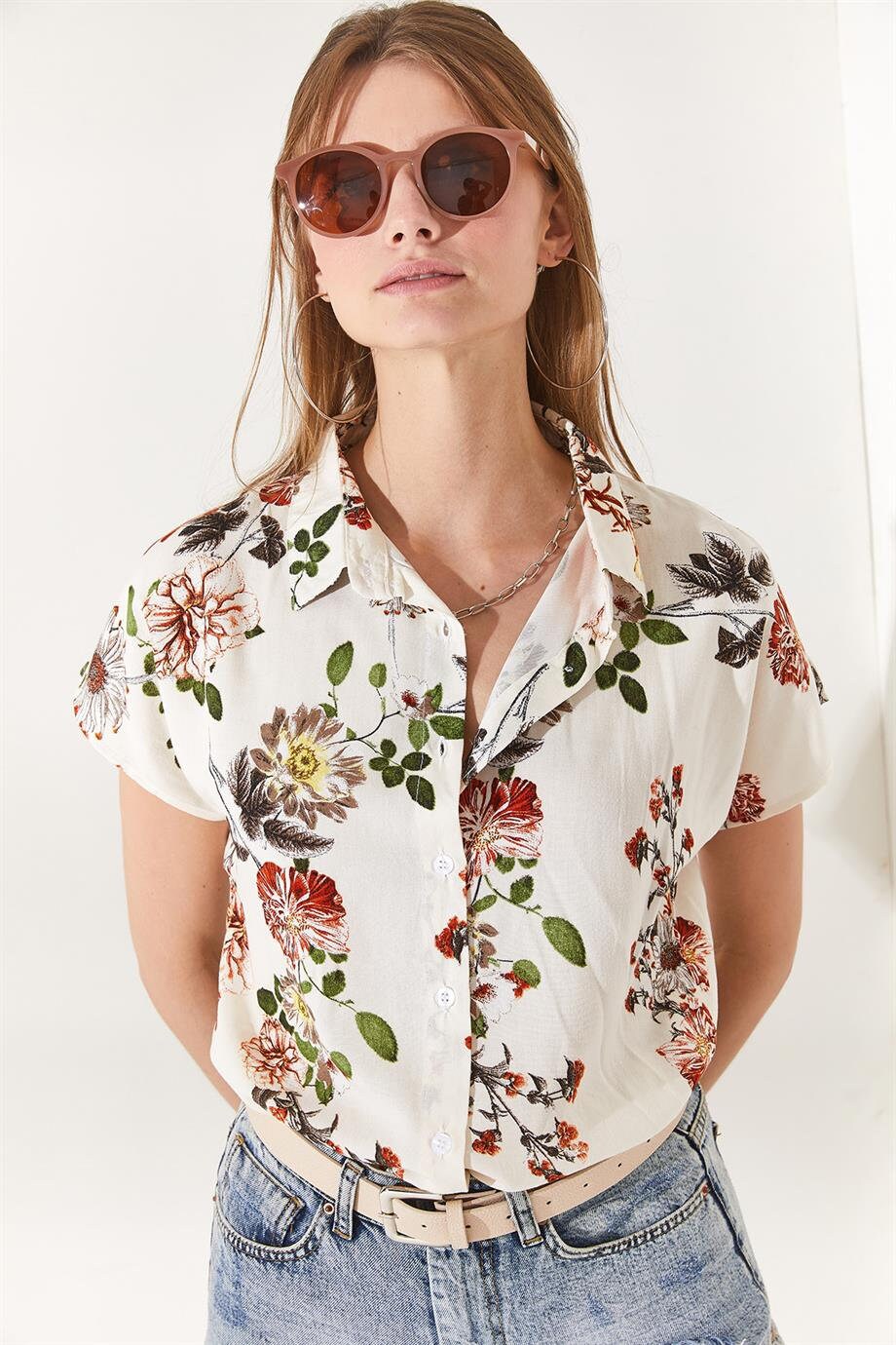 Beverly Red Floral Ecru Button-Down Shirt