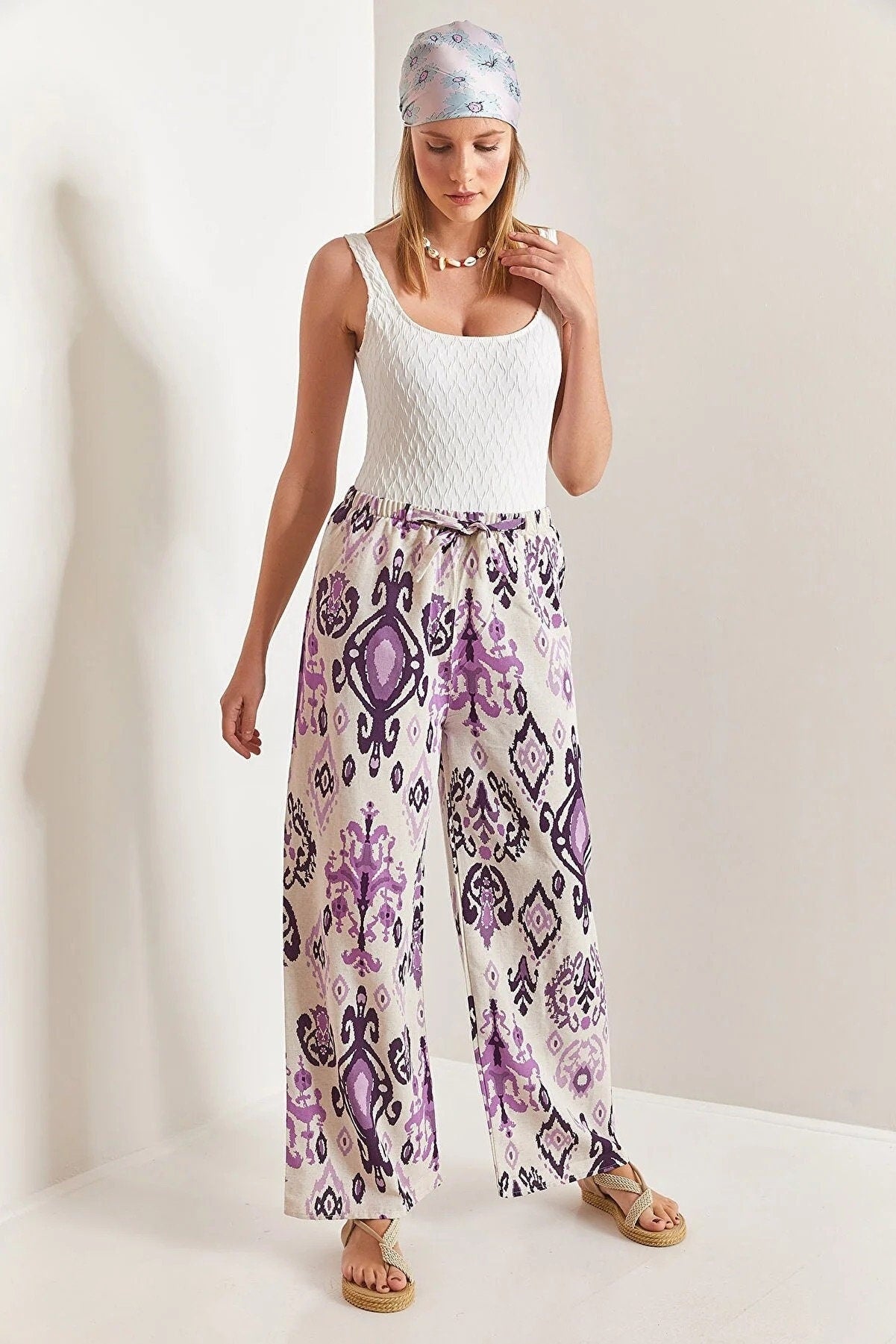 Clara Purple Ethnic Design Wide Leg Linen Pants