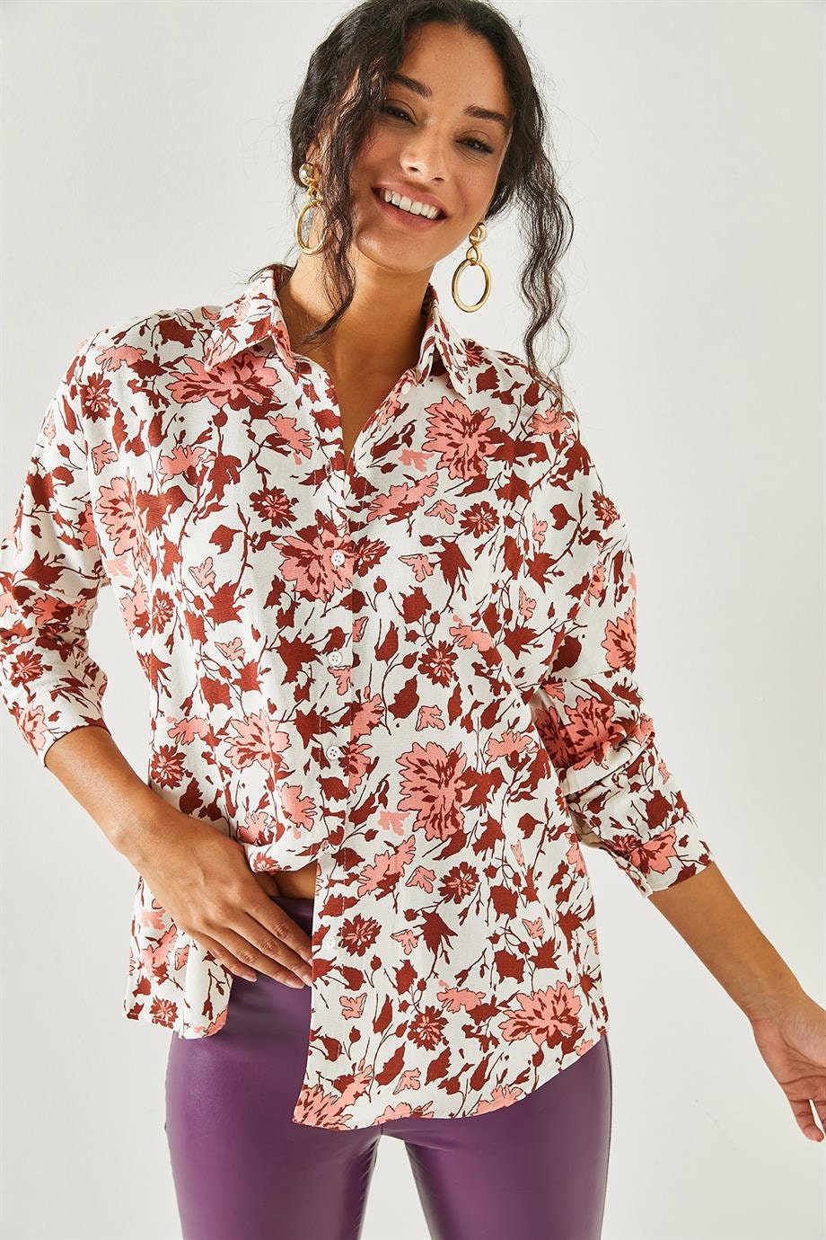 Lola Brown Floral Linen Button-Down Shirt