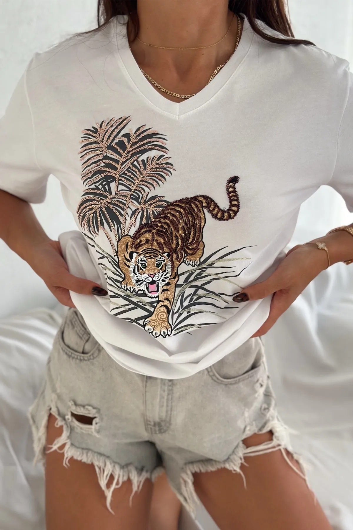 Tilda Leopard Sequin Cotton Short Sleeve T-Shirt - White