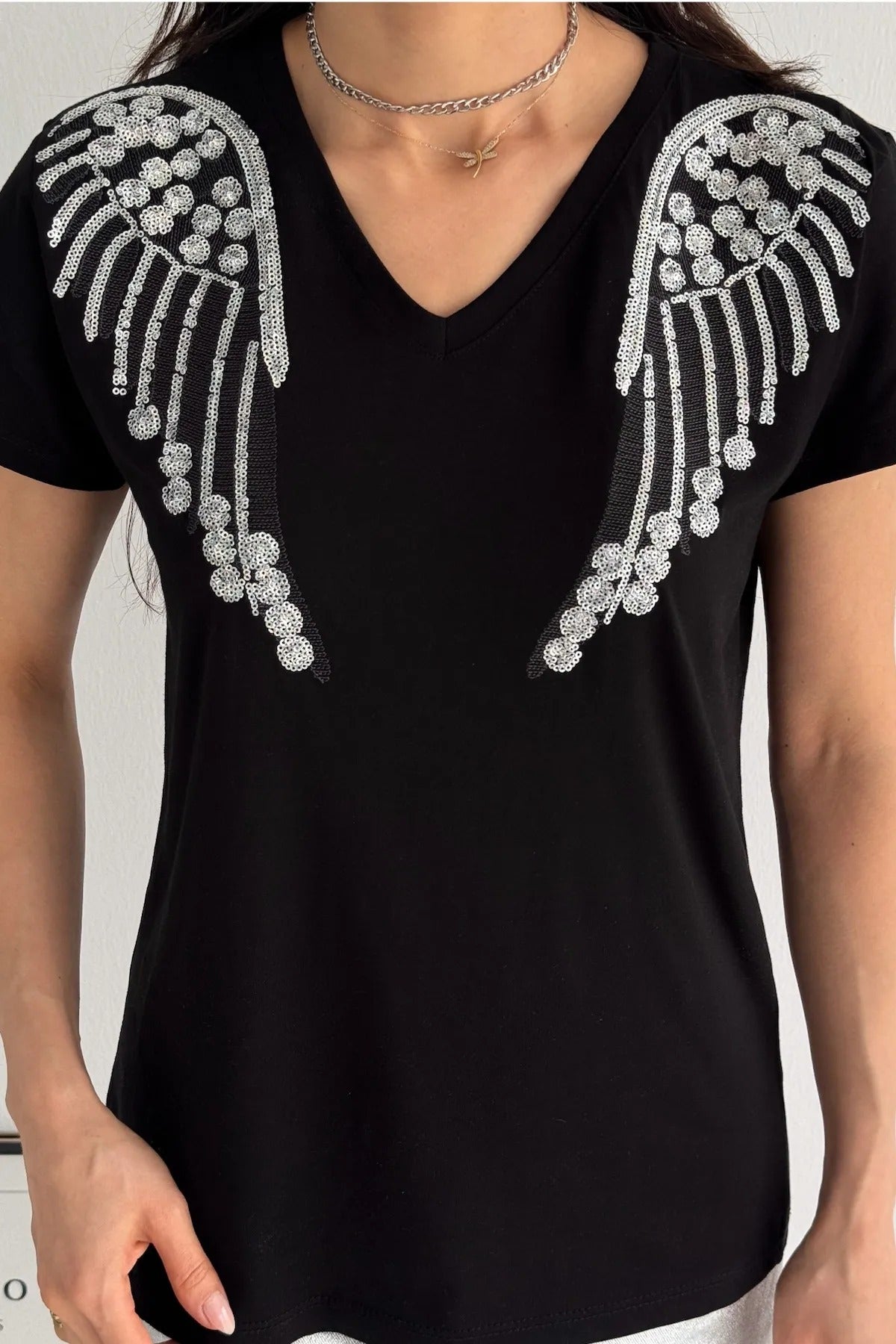 Tilda Black Wing Sequin Cotton T-Shirt
