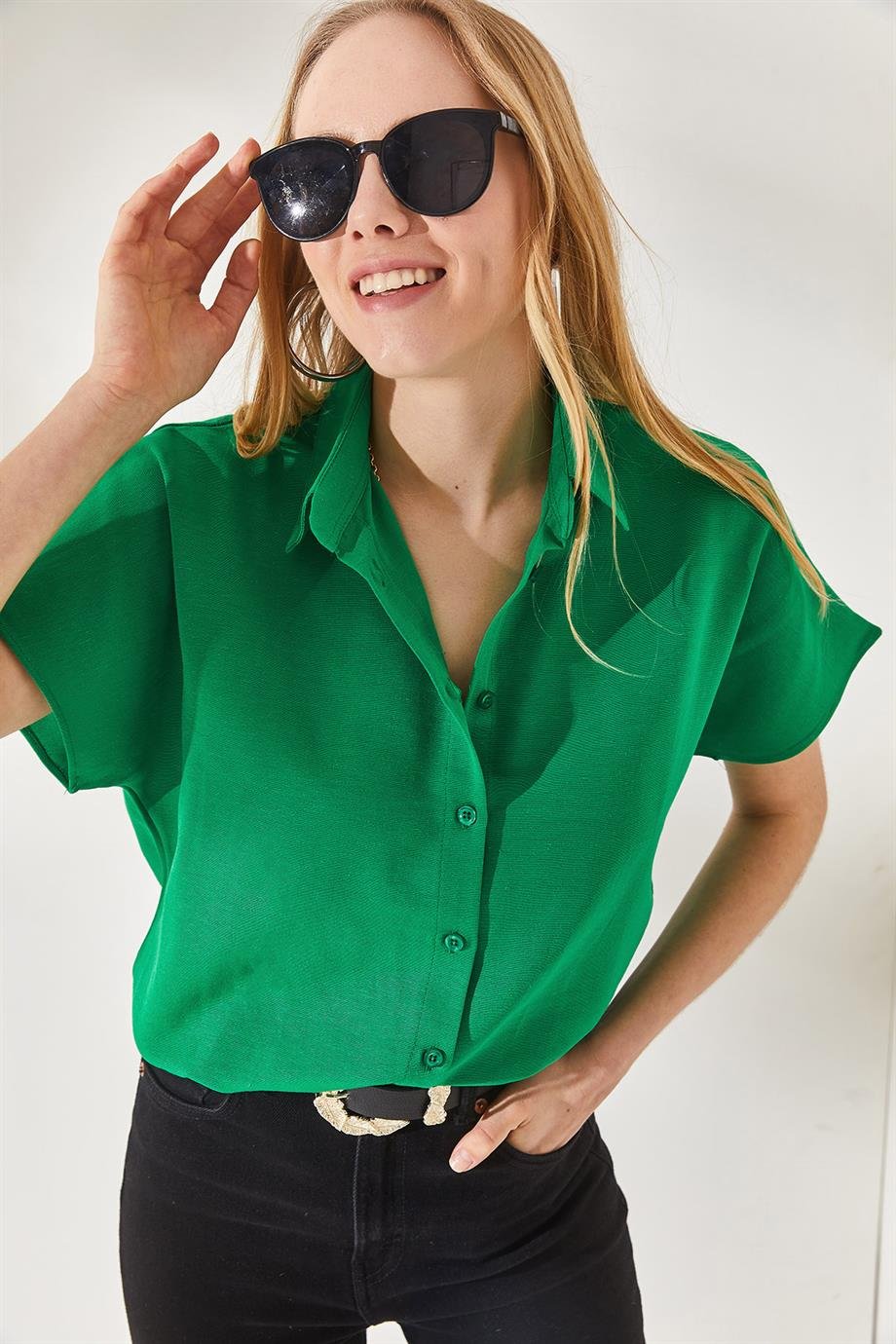 Black Cotton Short Sleeve Button Down Shirt
