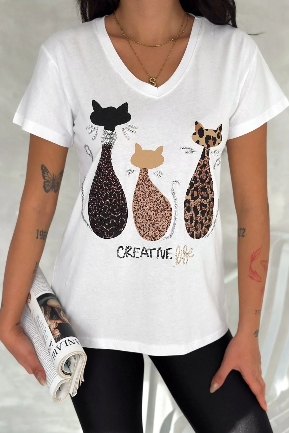 Tilda Cat Sequin Cotton Short Sleeve T-Shirt - White
