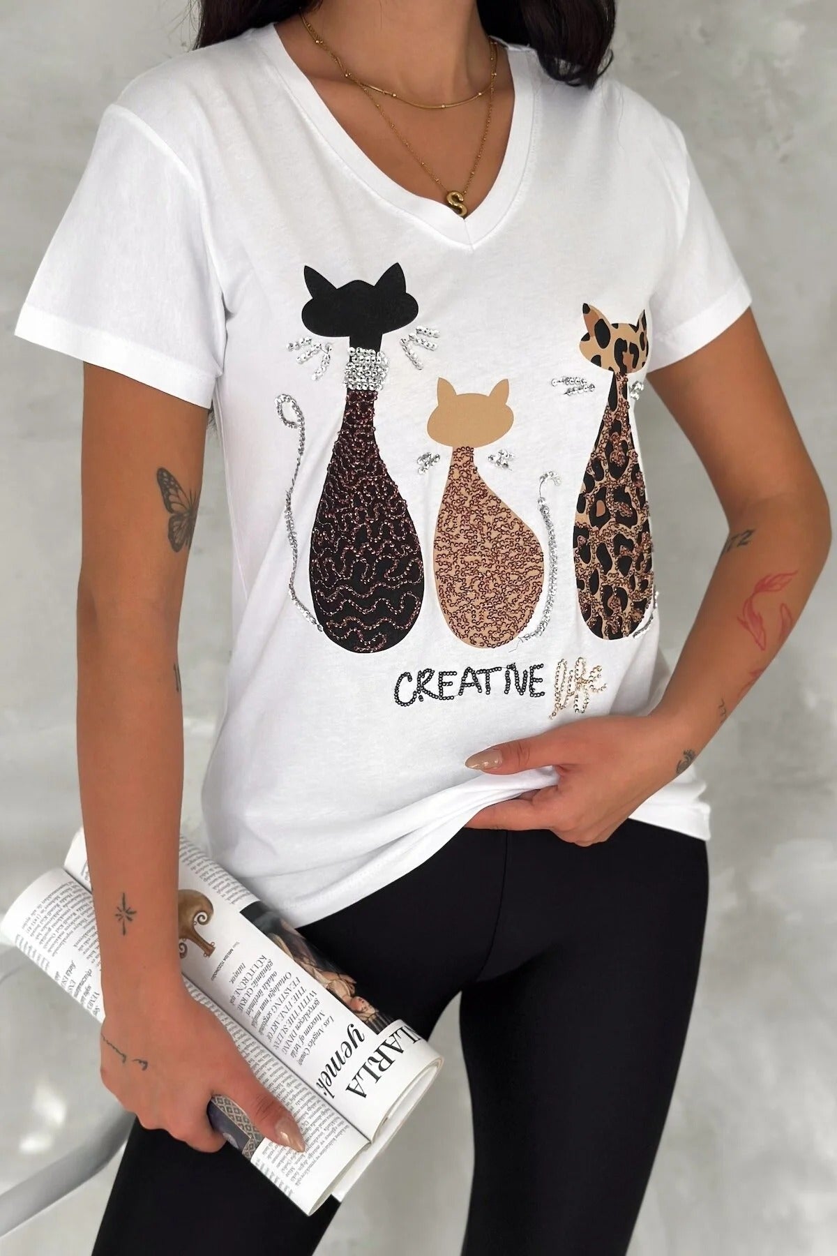 Tilda Cat Sequin Cotton Short Sleeve T-Shirt - White
