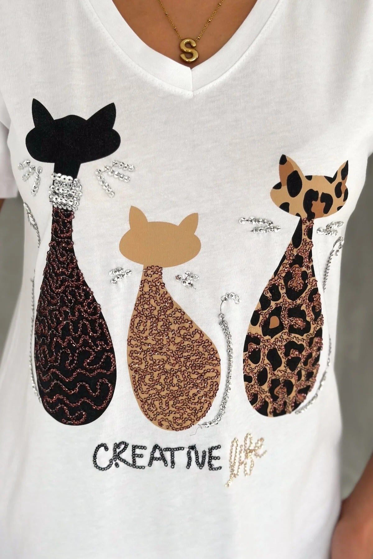 Tilda Cat Sequin Cotton Short Sleeve T-Shirt - White