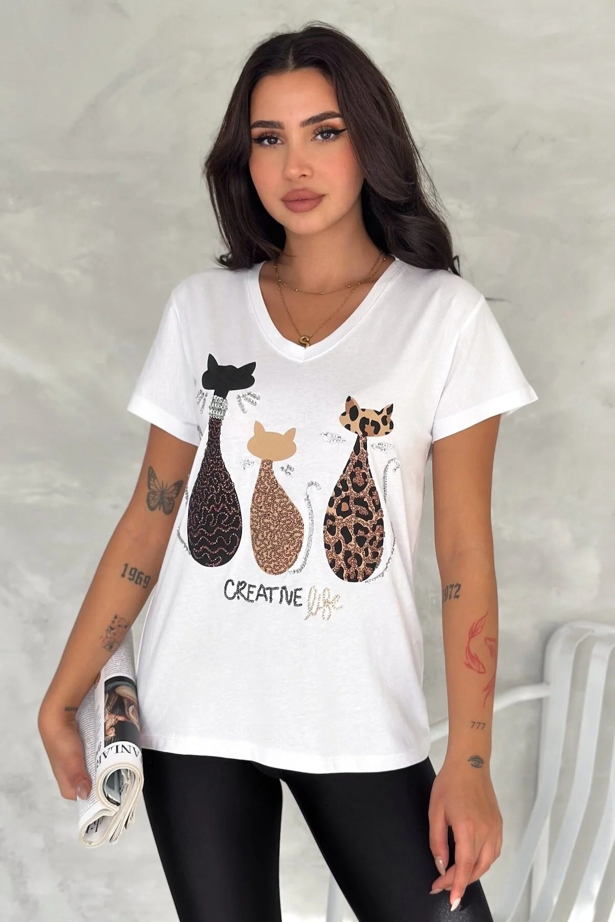 Tilda Cat Sequin Cotton Short Sleeve T-Shirt - White