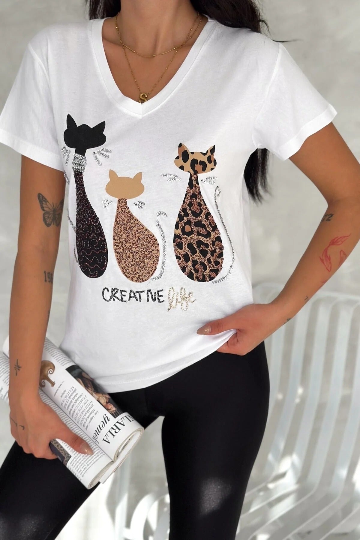 Tilda Cat Sequin Cotton Short Sleeve T-Shirt - White