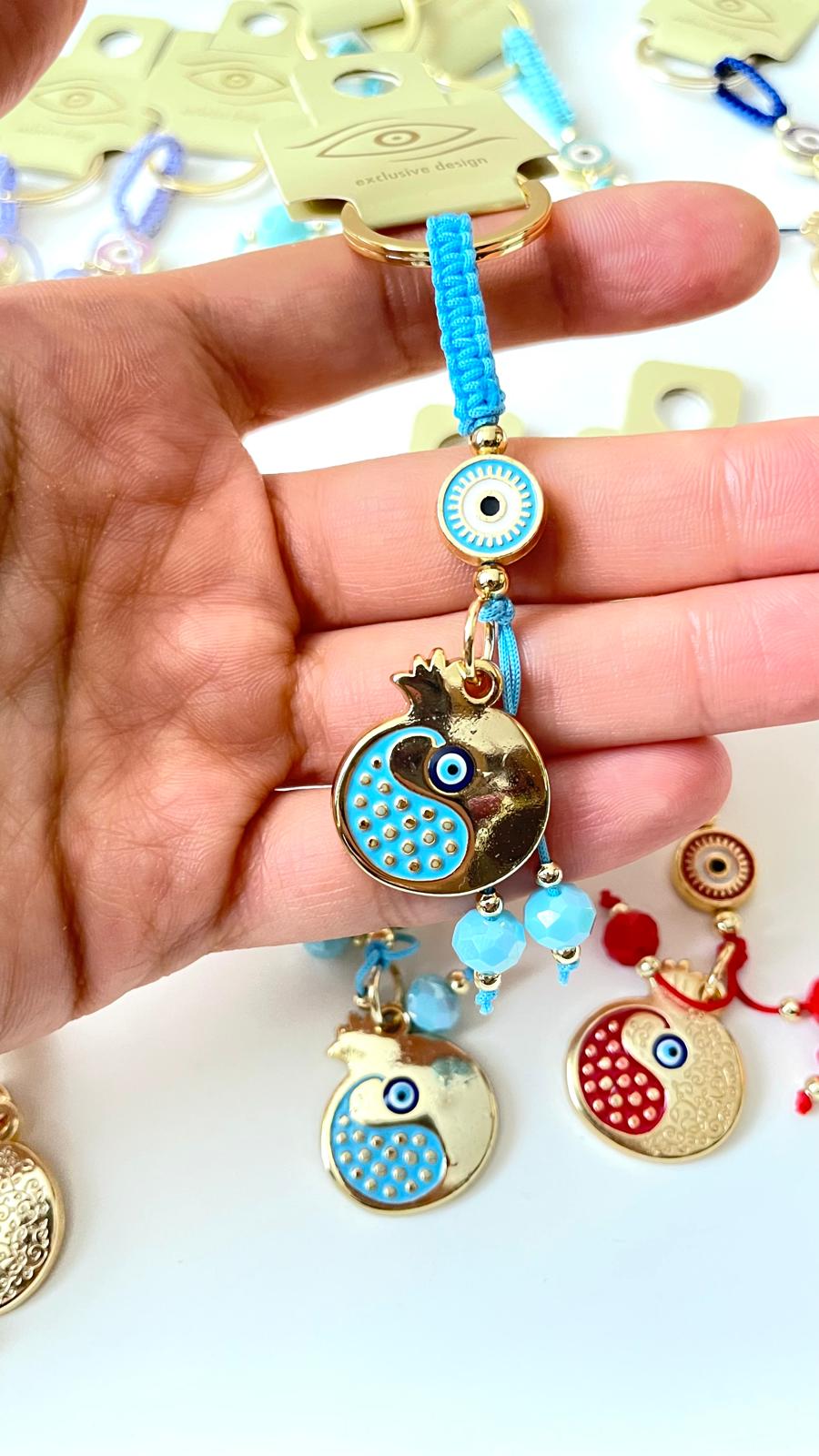 Light Blue Pomegranate Abundance Design Gold Evil Eye Keychain