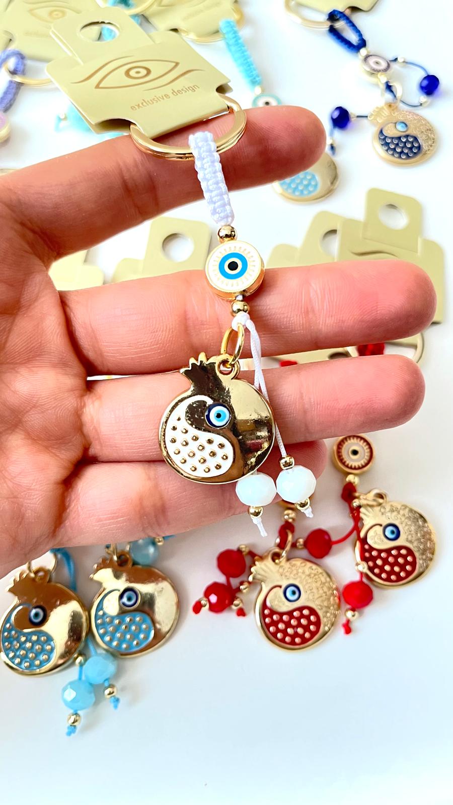 White Pomegranate Abundance Design Gold Evil Eye Keychain