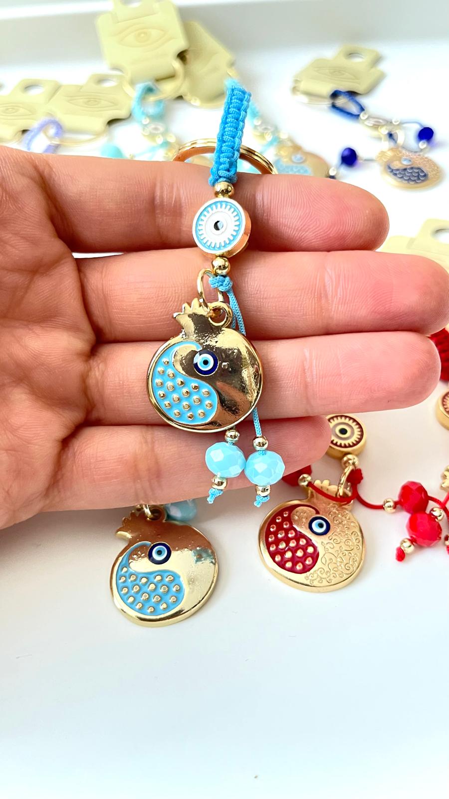 Light Blue Pomegranate Abundance Design Gold Evil Eye Keychain