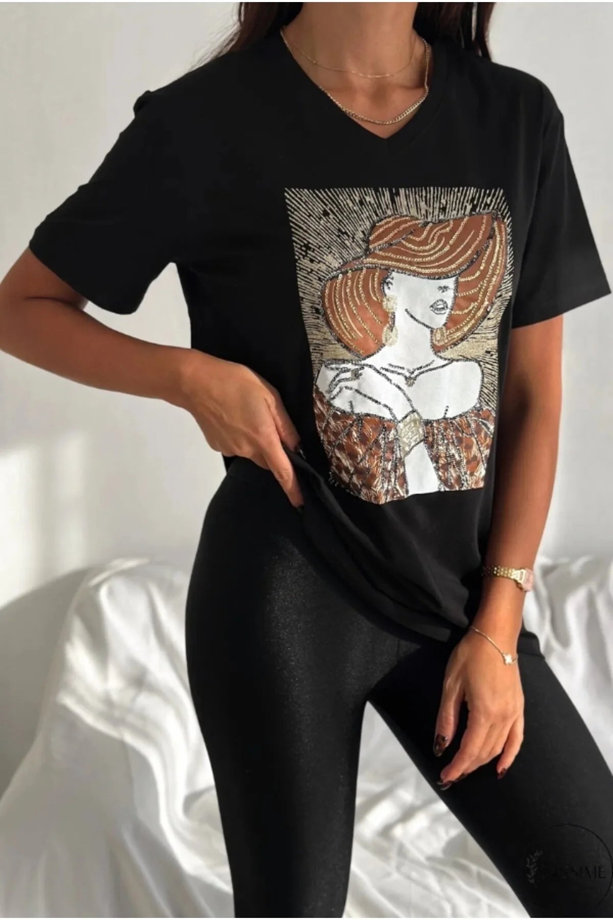 Tilda Black Woman Hat Figure Cotton T-Shirt