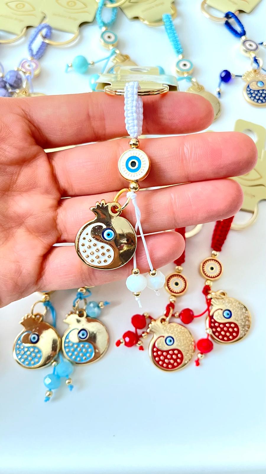 White Pomegranate Abundance Design Gold Evil Eye Keychain