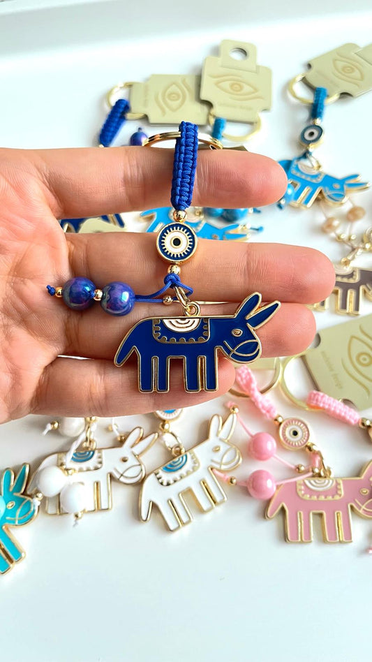 Dark Blue Donkey Design Gold Evil Eye Keychain
