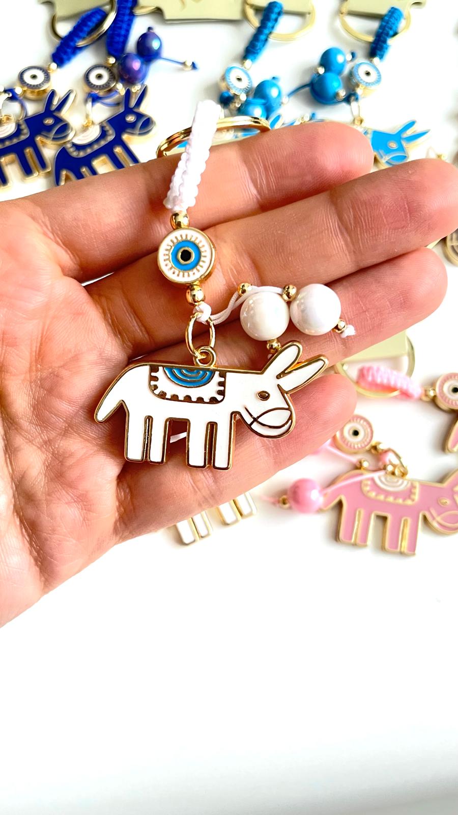 White Donkey Design Gold Evil Eye Keychain