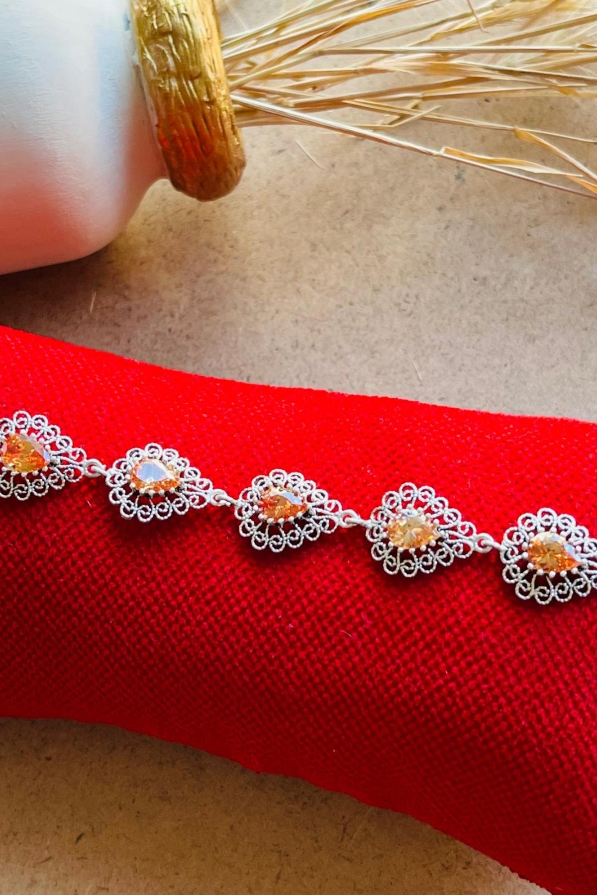 Sterling Silver Filigree Art Citrine Gemstone Link Bracelet