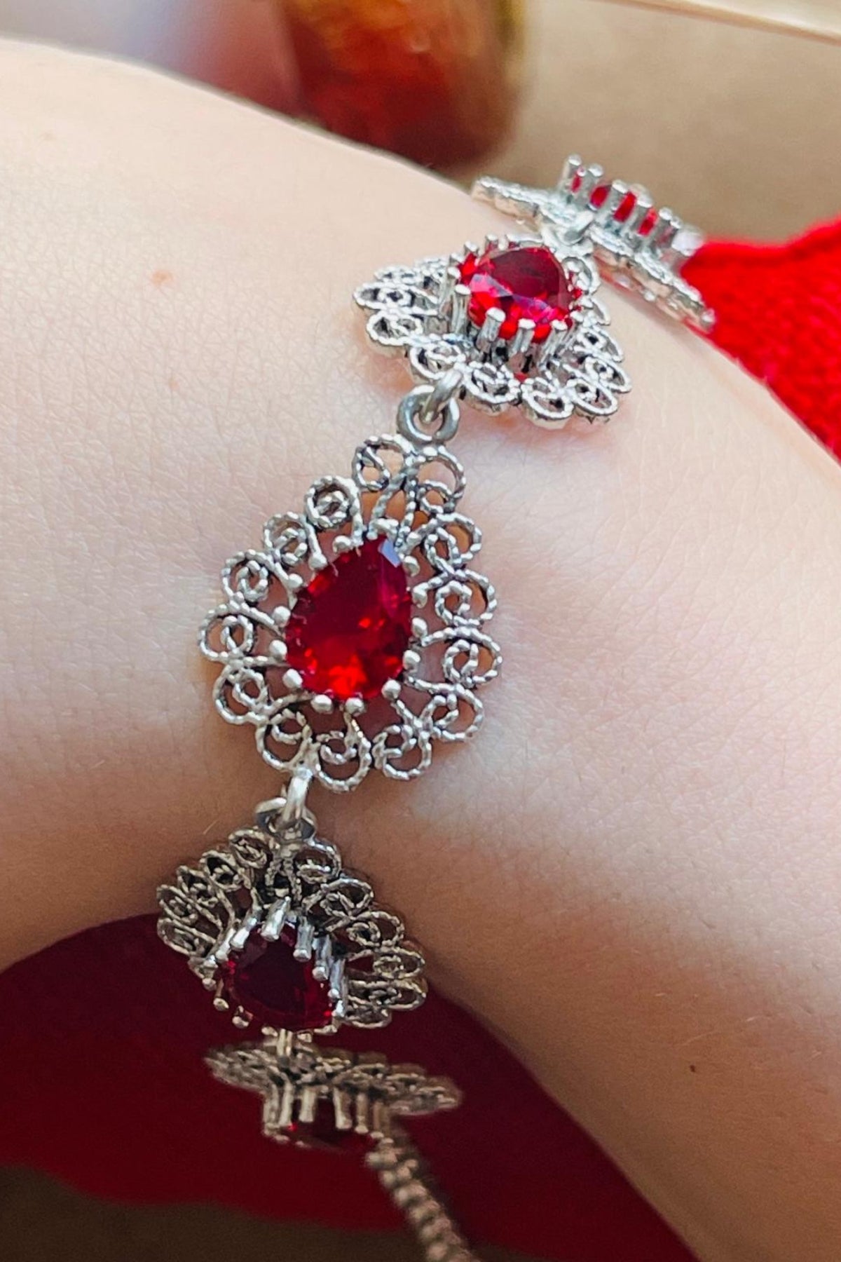 Sterling Silver Filigree Art Ruby Gemstone Link Bracelet